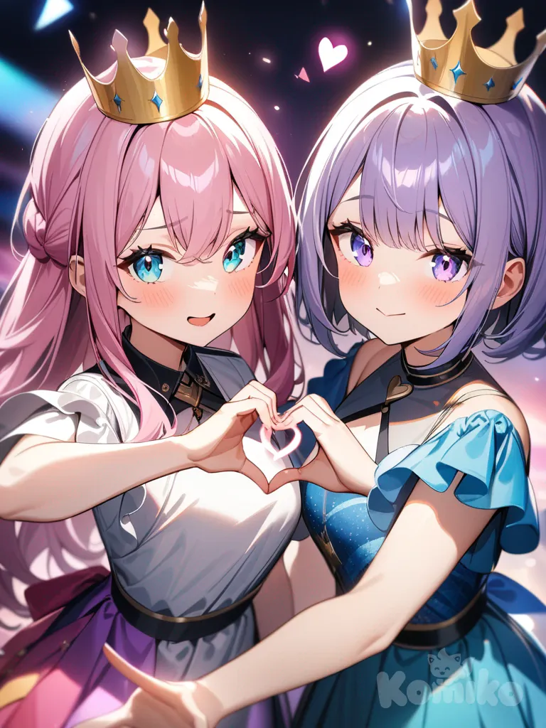 2 girls, colorful dresses,crowns, blue eyes, purple hair, pink hair, teal eyes, heart hands,and shine background