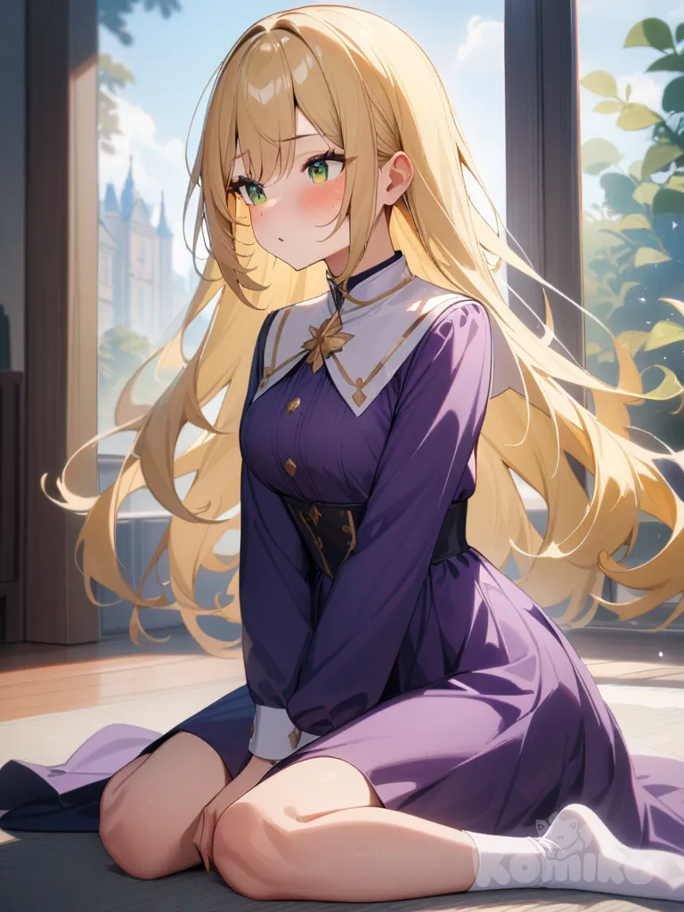 1girl,long long long yellow hair, green eyes, purple dress, no shoes, blush, freckles, full body, kissing prince charming