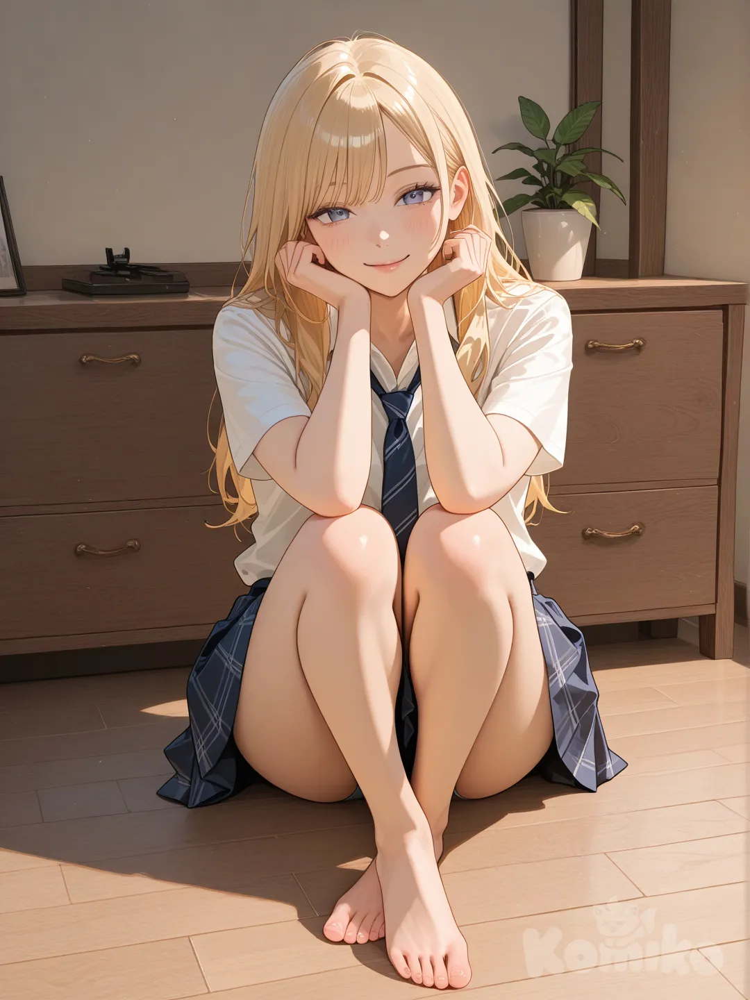 Blonde, miniskirt, barefoot, photorealistic