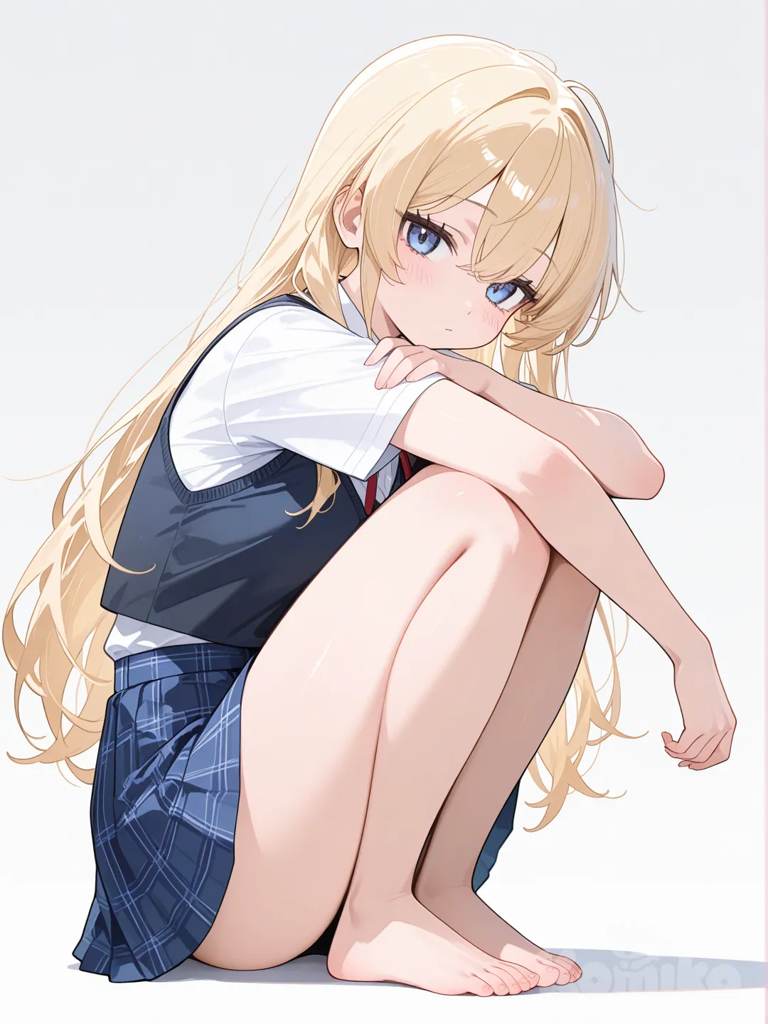 Blonde, barefoot, miniskirt