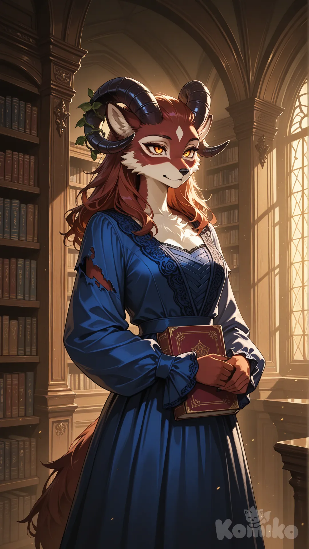 cinematic portrait, Belle as the Beast, a majestic but tragic creature, female, with intelligent amber eyes, dark fur like ink-stained velvet, elegant horns resembling twisted books or rose vines, wearing tattered remnants of a blue peasant dress mixed with regal fabrics, standing in a grand library, dramatic lighting, moody, fantasy art style, texture, high contrast.