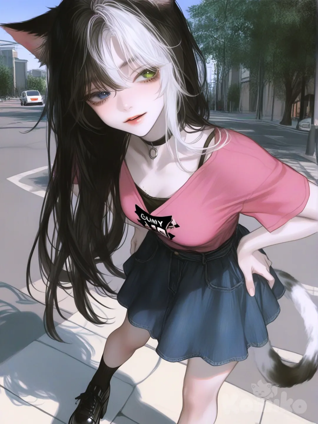 +18, 1girl, cat girl, 

Uma garota, pele branca, 1,67 de altura, 20 anos, ela é uma garota-gato, ela tem um rabo de gato, orelhas de gato, mas corpo e o resto é humano, linda, muito linda, um rosto extremamente feminino, traços finos e felinos, seus olhos cerrados por natureza, ela tem heterocromia, um olho verde e um azul, seus cabelos longos e lisos são metade branco e preto, tal qual a cauda dela que tem esses padrões. Atualmente, ela está vestida com um saia na altura do topo do joelho, azul clara desbotada, uma camisa rosa pastel com logo no peito de uma espinha de peixe, preta, uma gargantilha preta, sapatos de sola alta e meias até a metade da canela, ambas pretas.
Ela está de pé, na calçada, mãos no quadril enquanto olha pro lado, expressão calma, clima ensolarado 

, [semi-realistic-portrait-style]