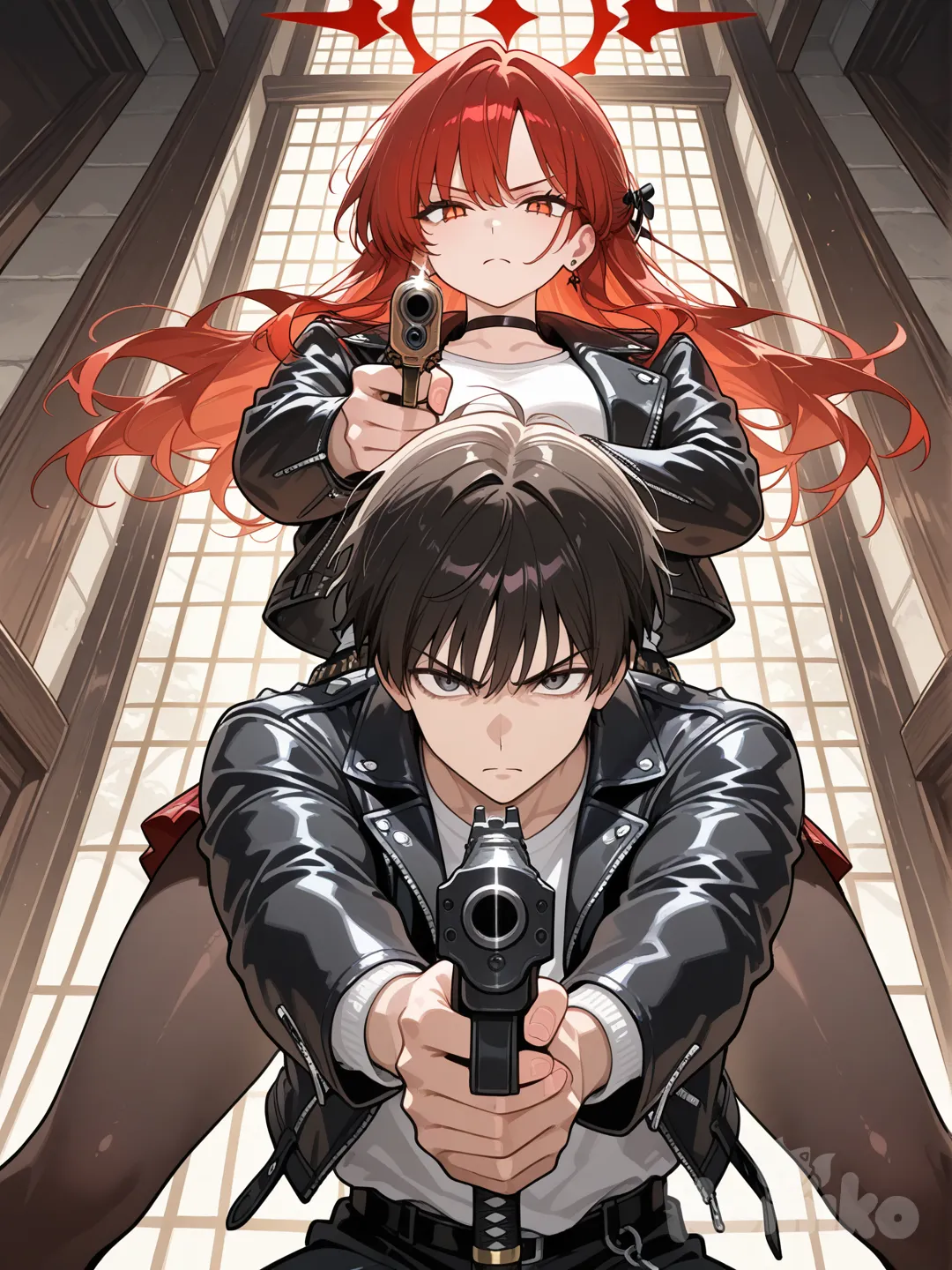 1boy, 1girl, 2people, leather jacket, holding gun, pointing at viewer, holding sword