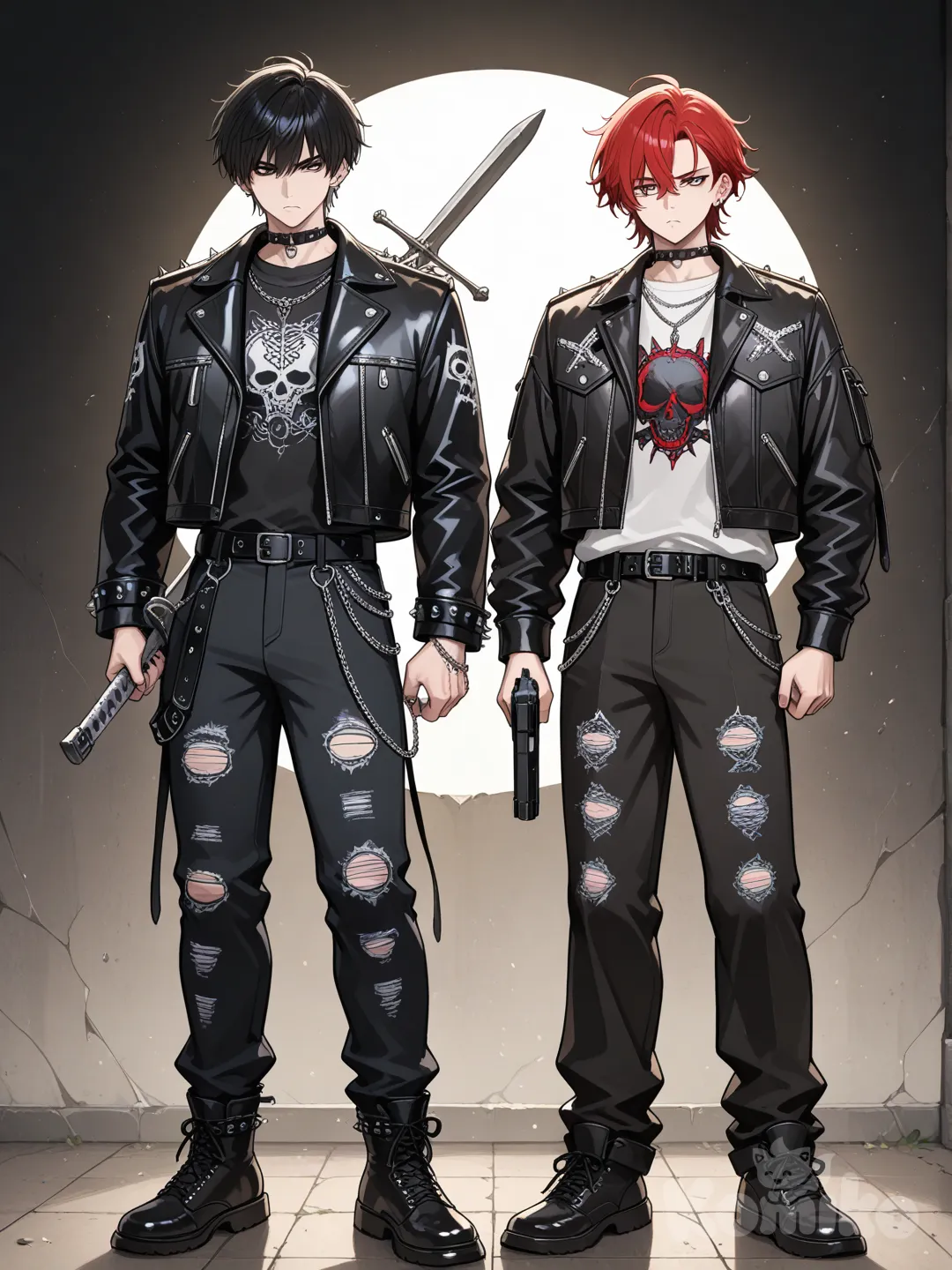 2boys, punk leather jacket, holding sword, holding gun
