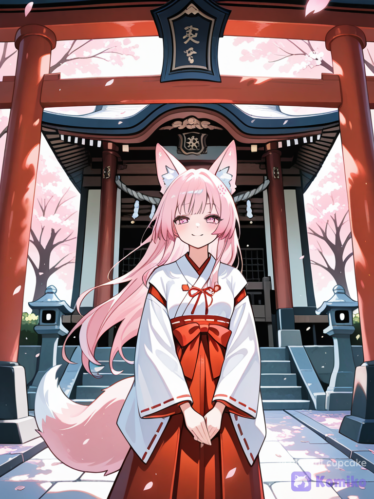 pastel colors, Kitsune girl, miko priest outfit, japanese temple, pink hair, Fox ears and tail, brom, Sakura tree, windy, hair at the wind, Sakura flowers petals in the air, soft pastel style, high Contrasted color, lights and shadows, in the style of anime style