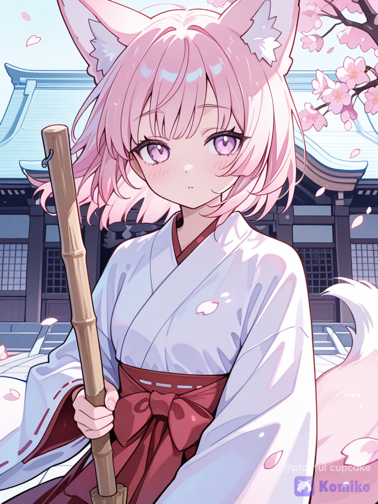 pastel colors, Kitsune girl, miko priest outfit, japanese temple, pink hair, Fox ears and tail, brom, Sakura tree, windy, hair at the wind, Sakura flowers petals in the air, soft pastel style, high Contrasted color, lights and shadows, in the style of anime style, close up, brooming, broom in her hands
