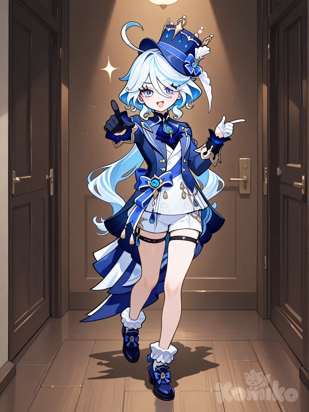 Furina (Genshin Impact), pointing at viewer, vest, full body