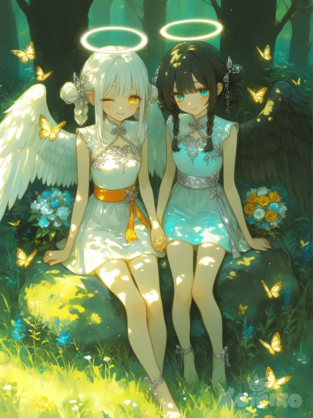 @aeloria-HQFm, from above, looking at viewer, smile, one eye closed, sitting on rock, legs crossed, trees nearby, grass, flowers in grass, hands holding flower bunch, wings draping behind her, lighting through the trees, top light, warm light, day, in secluded little clearing of forest, [sweet-painting-style], @aira-rin-O5yD