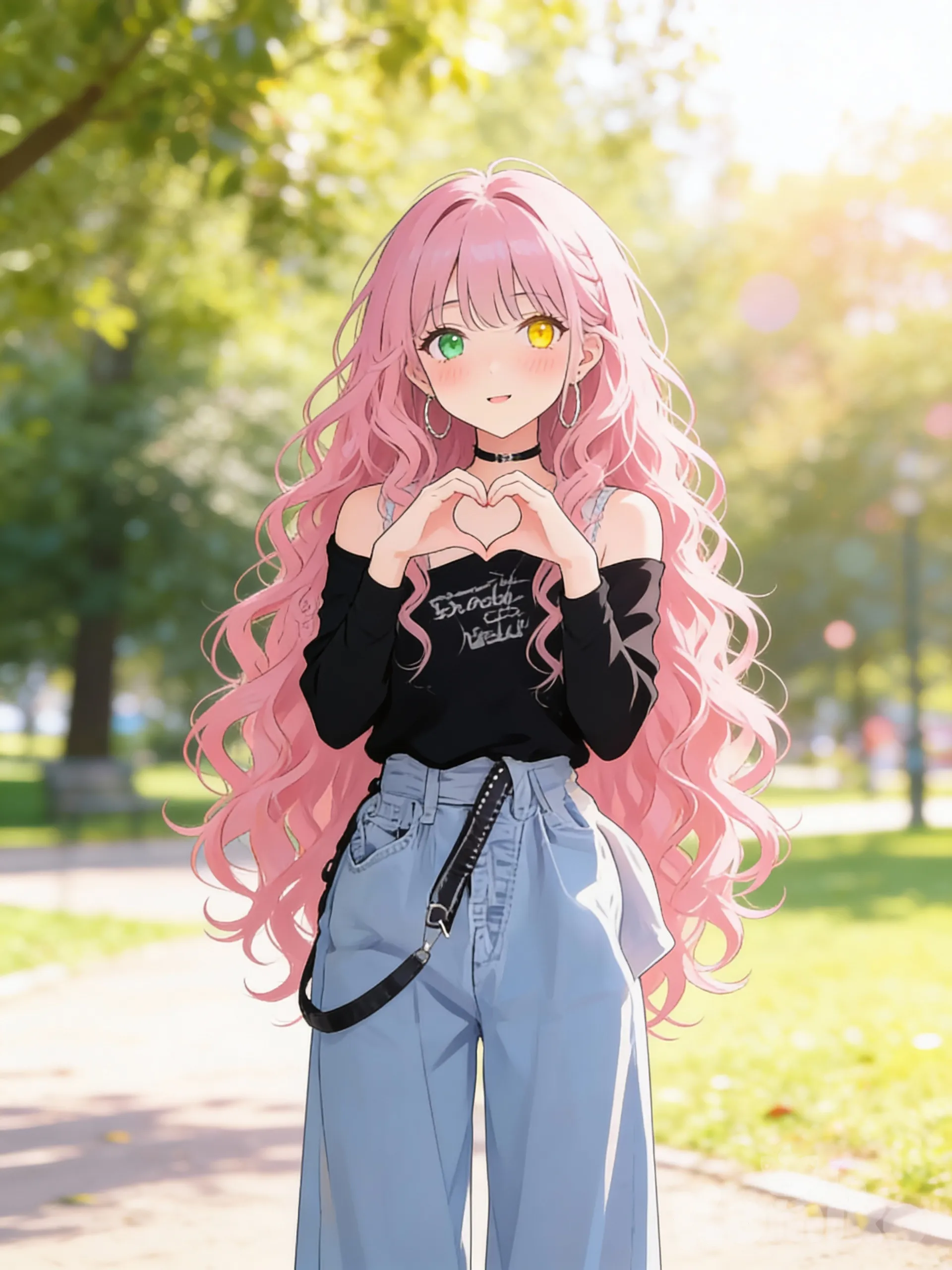 1girl, long hair, curly hair, pink hair, green eyes, yellow eyes, looking at viewer, ambient light, blush, t-shirt, wide-leg pants, park, @aira-rin-O5yD, full body, heart hands