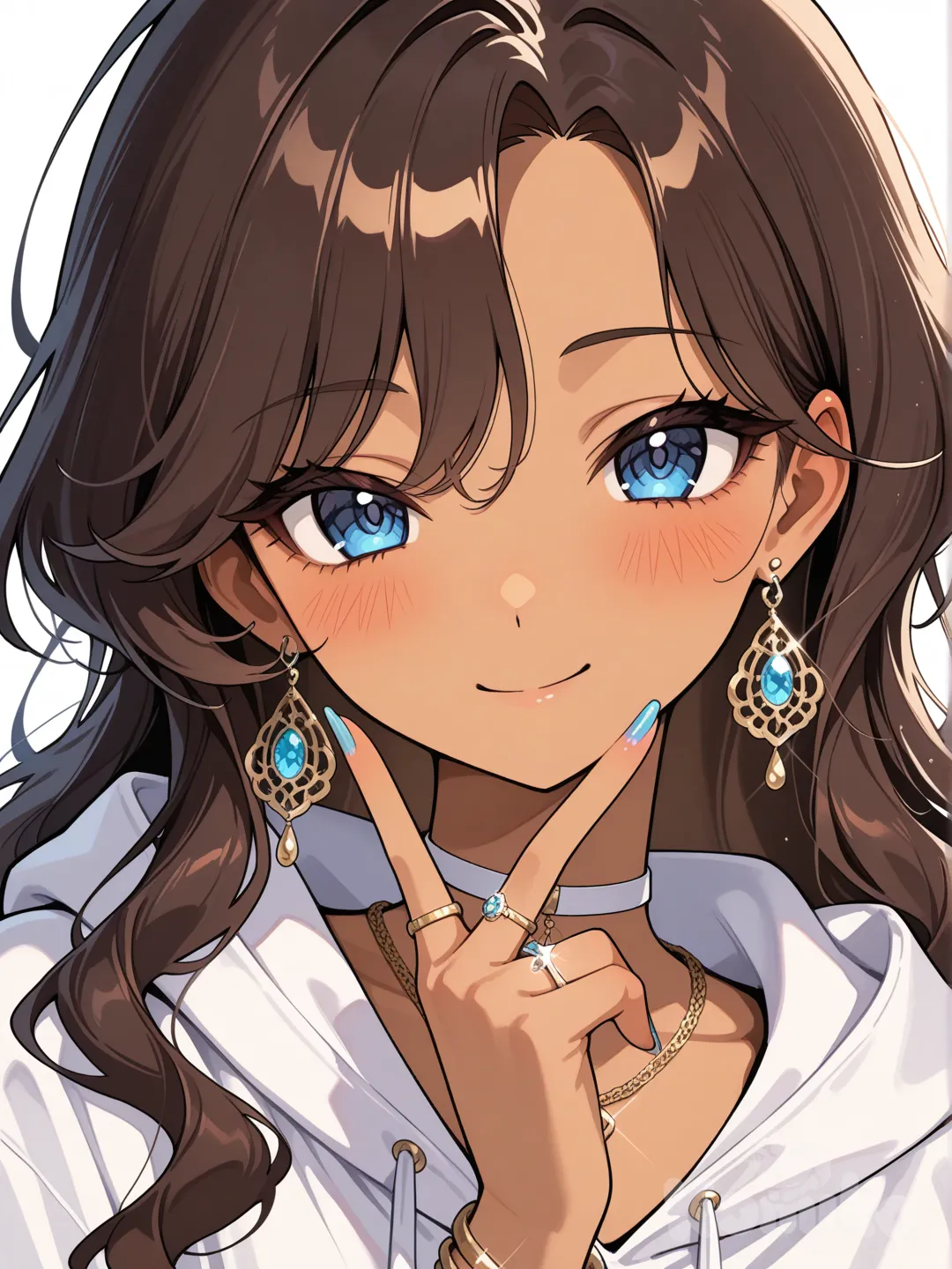 Anime-style close-up portrait, blue eyes, soft blush, brown wavy hair framing her face, gentle smile, high-quality anime illustration, soft lighting, @kairi-QcWm

, @aira-rin-O5yD