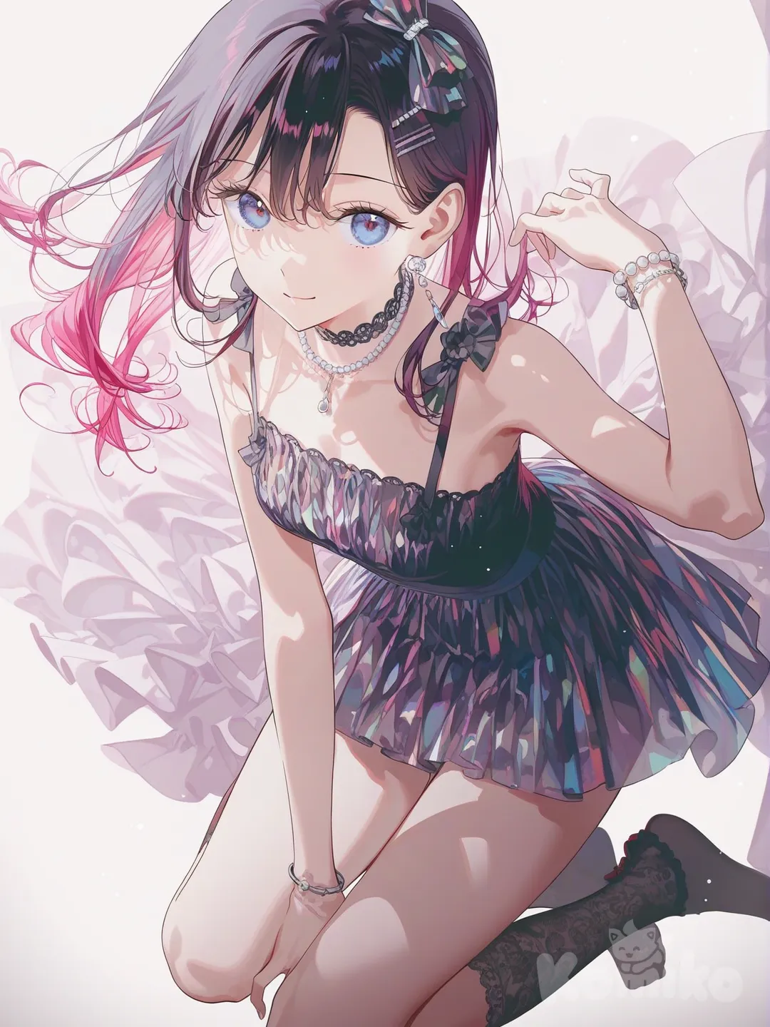 1girl, Demon Slayer style, original character in the world of Demon Slayer, middle-aged, petite, maroon hair, black hair, side-parted hair, blue eyes, tan skin, tassels, ruffles, lace, hair accessory, corsage, hairpin, headband, choker, necklace, earrings, bow, jewelry, diamonds, pearls, bracelet, knee-high socks, makeup, [iridescent-style], @aira-rin-O5yD