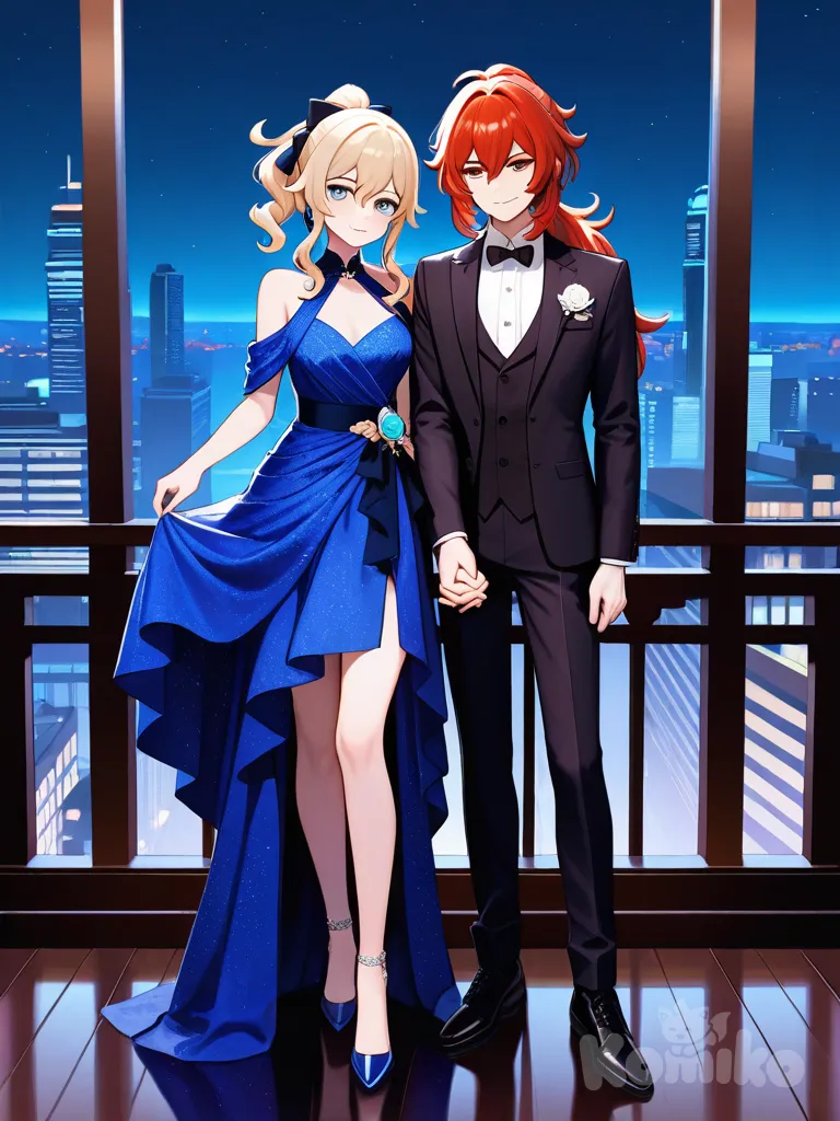 genshin impact, 2people, hair accessory, looking at viewer, suit, evening dress, Genshin Impact, smirk, blush, holding hands, cityscape, Jean (Genshin Impact), Diluc (Genshin Impact), @aira-rin-O5yD
