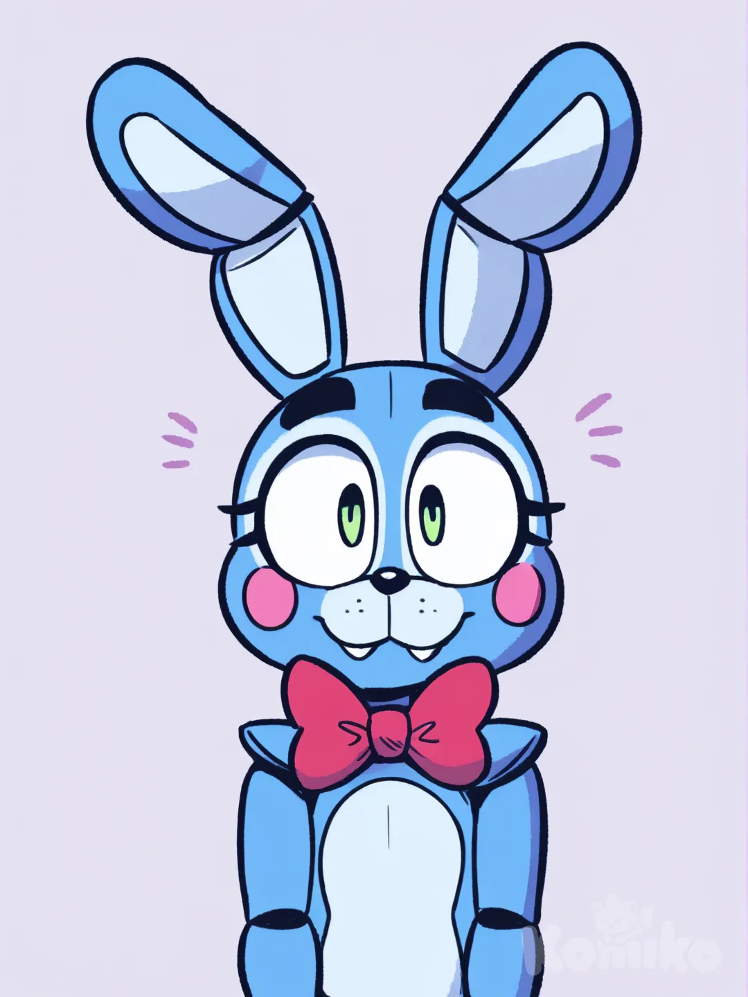Toy Bonnie from five nights at freddy's smiles at the camera with a cute face, flat chest, [helltalker-style]