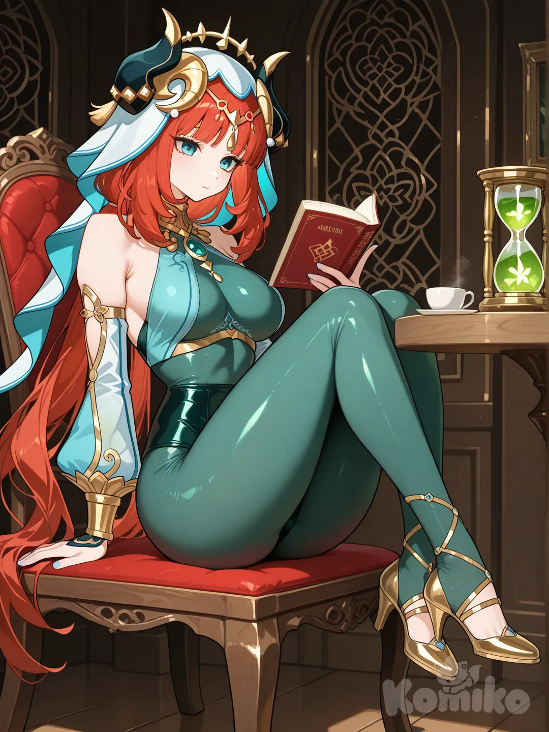 Una mujer identica a nilou de genshin impact , con el cabello rojo, ojos azules, de apariencia elegante y etérea, con una silueta muy equilibrada y de proporciones marcadas. Su cuerpo tiene forma de reloj de arena, con un busto amplio y bien definido, una cintura estrecha y fina, caderas amplias y redondeadas, y piernas largas y proporcionadas. Sus glúteos son firmes, de volumen notable, armonizando con el resto de la figura para crear una presencia física adulta, madura y estilizada. La postura es recta y serena, proyectando calma y autoridad suave. No esta usando ningun tipo de sombrero, cuernos o gorro en la cabeza. Viste un traje de cuerpo completo basado en el estilo de Alhaitham de genshin impact , adaptado a una figura femenina adulta. La prenda es de una sola pieza, totalmente cerrada, no permite ver nada de piel, sin escotes, aberturas ni transparencias, cubriendo desde el cuello hasta los tobillos. El material es un tejido elástico, liso y mate, de color verde oscuro profundo, casi negro, con un tono uniforme y elegante. El traje es extraordinariamente ajustado, como una segunda piel. El tejido se adhiere con precisión absoluta a cada línea anatómica: se ciñe al pecho siguiendo su forma natural sin dejar pliegues; rodea la cintura marcando el estrechamiento; desliza sobre las caderas y glúteos manteniendo un ajuste liso; desciende por las piernas sin perder tensión ni continuidad. A pesar del ajuste, la prenda continúa siendo completamente cerrada, sin mostrar piel ni zonas descubiertas más allá de los hombros.En el pecho lleva un adorno central inspirado en Alhaitham de genshin impact:
Una gema grande en forma de rombo, color verde esmeralda brillante, con un reflejo interior profundo.
La gema está montada en una estructura dorada metálica, compuesta por líneas muy finas, angulares y simétricas.
Estas líneas se extienden hacia los lados y sobre la parte superior del pecho siguiendo la curva natural del cuerpo, integrándose al traje sin levantar la tela.
Del centro descienden más líneas doradas formando un triángulo invertido impecablemente centrado. Los hombros están desnudos, pero los brazos llevan mangas separadas, del mismo color verde oscuro que el traje principal. Las mangas son completamente ajustadas y pegadas, cubriendo desde el bíceps hasta las muñecas sin pliegues ni holguras. Se sostienen mediante aros delgados en la parte superior del brazo. Encima de estos aros lleva brazales dorados rígidos con patrones entrelazados, inspirados en las decoraciones geométricas de Sumeru El traje termina en los en loa pies cubriendolos, y en los pies lleva zapatos de tacón alto color dorado, brillantes, con acabado metálico pulido. Los tacones son delgados y altos, combinando visualmente con los adornos dorados del pecho y los brazales.
Esta sentada en una cafeteria leyendo un libro con cara inexpresiva