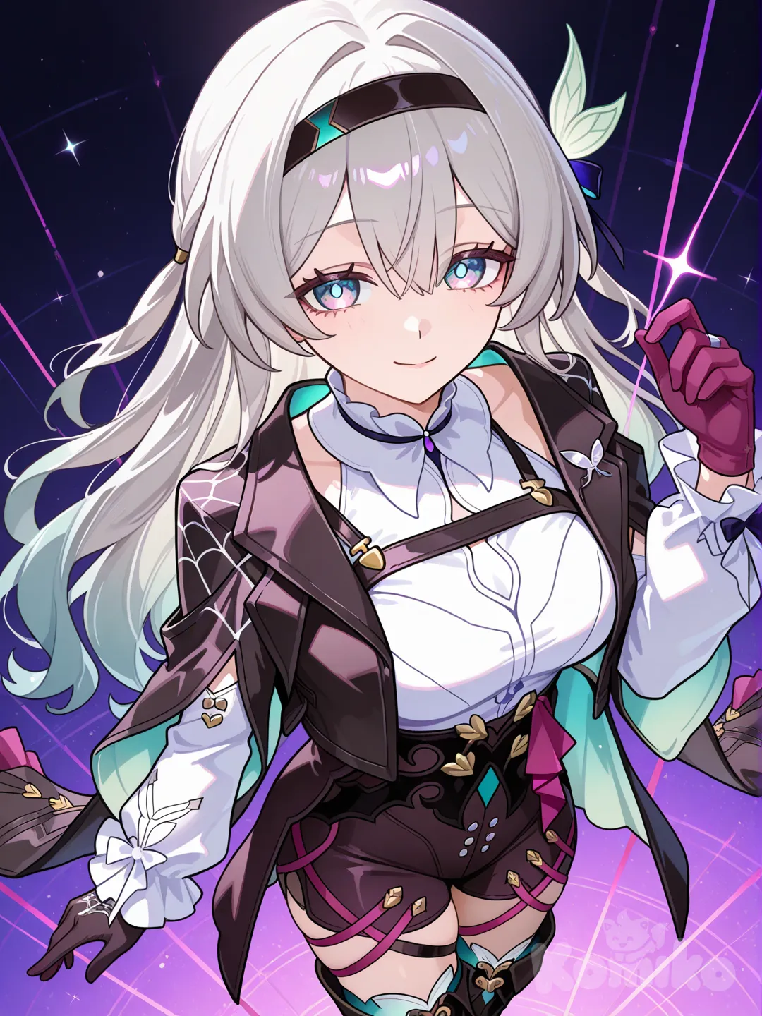 Firefly from honkai starl rail with her green eyes and silver hair is wearing the same clothes that @Kafka_(Honkai:Star_Rail) wears in the game honkai star rail. The has a confident smile