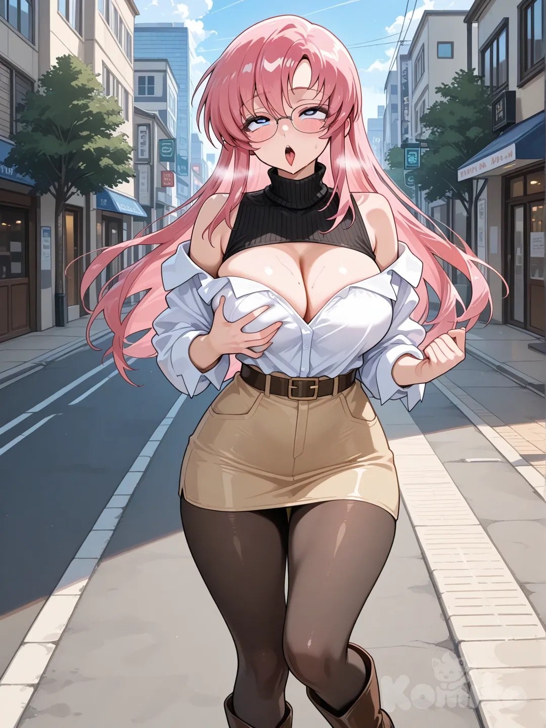 Meer campbell de gundam seed, usando una blusa de color negro de una tela elastica abierta de los hombros y espalda, pero con cuello de tortuga que resalta sus pechos, una falda corta de color cafe pegada, usa pantimedias negras, botas cafes cortas y anteojos en la calle, con cara de pervertida mientras con la mano izquierda se aprieta un pecho