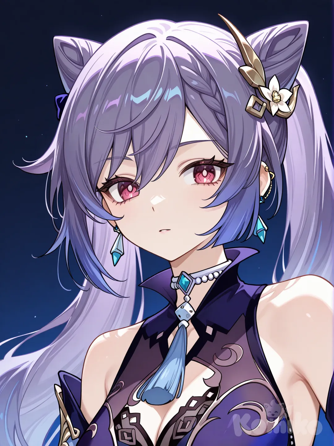 @Yelan_(Genshin_Impact) dressed like like @Keqing_(Genshin_Impact) and have red eyes