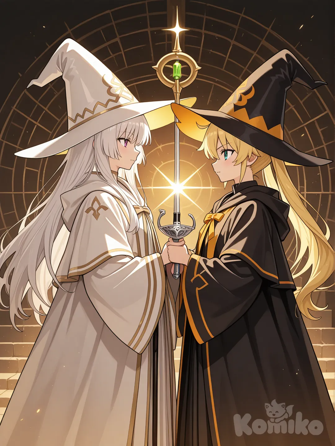 fate anime style character, heroic pose, anime art, epic scene, feminine girl, 2girls, together, character 1: long hair, white hair, use rapier, noble robe, left side, character 2: twin tails, yellow hair, witch robe, witch hat, use staff, right side
