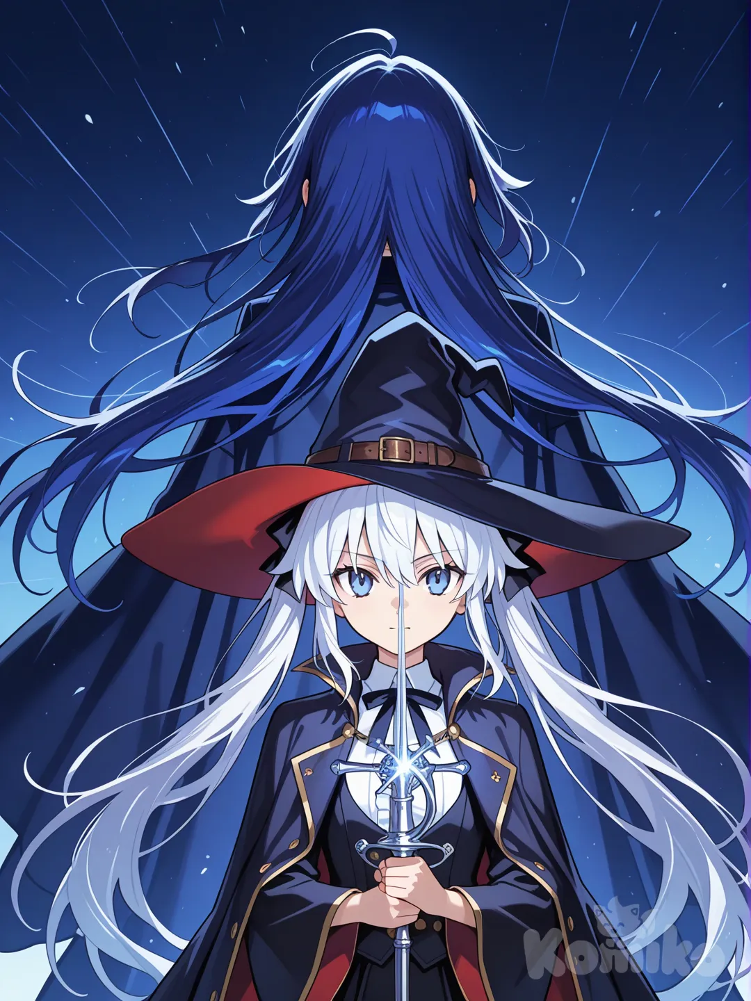 fate anime style character, heroic pose, anime art, epic scene, feminine girl, 2girls, look viewer, together, character 1: long hair, white hair, use rapier, noble suit, left side, character 2: twin tails, long blue hair, witch robe, witch hat, use staff, right side