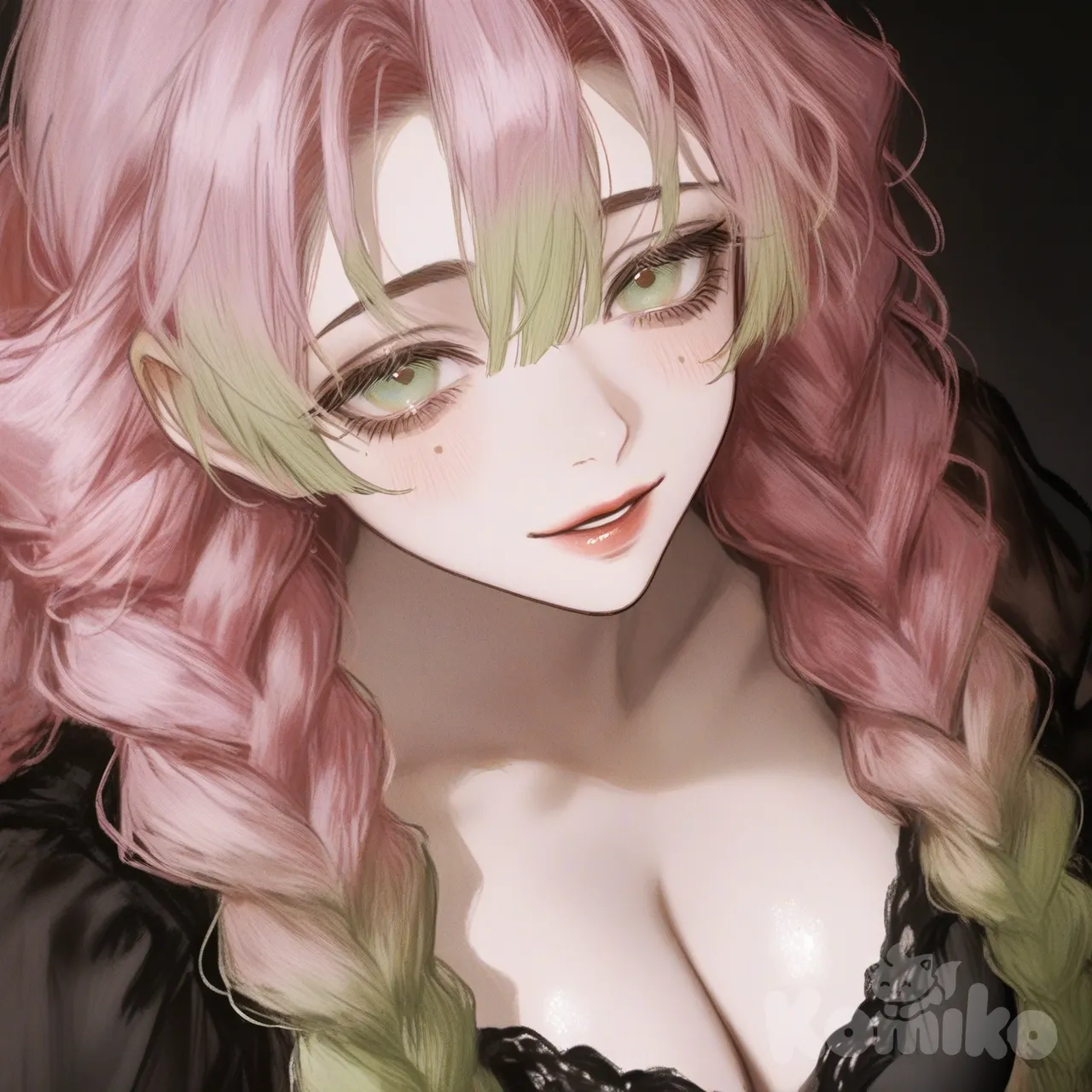 +18, @Kanroji_Mitsuri, black dress, [semi-realistic-portrait-style]