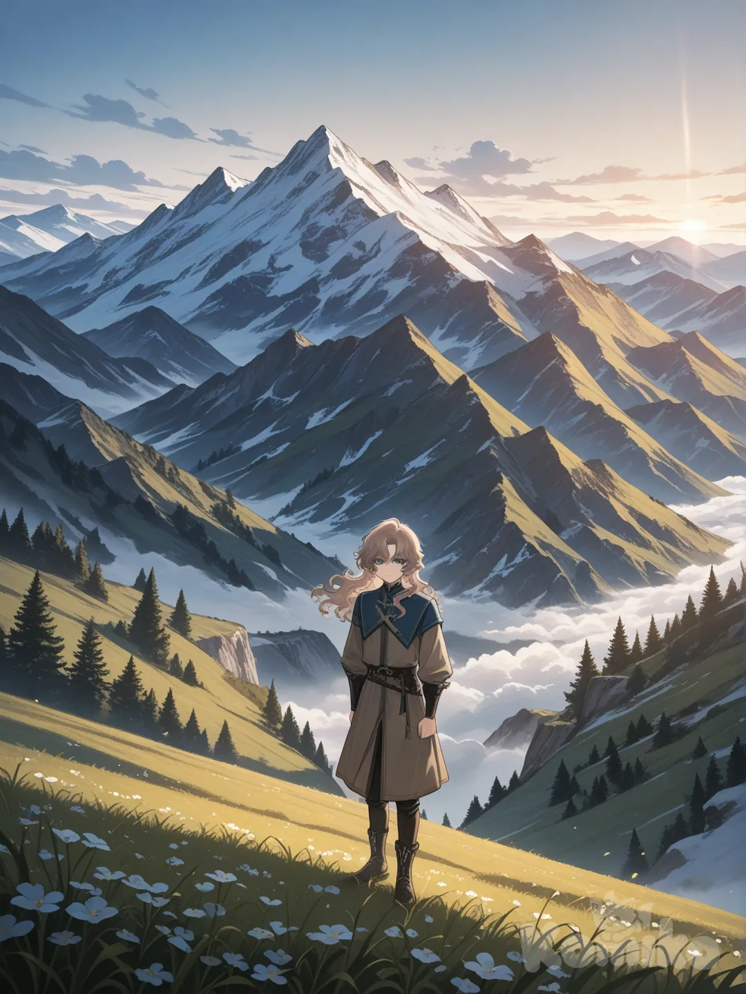 Парень с волнистыми темновато-русыми волосами и голубыми глазами стоит в горах