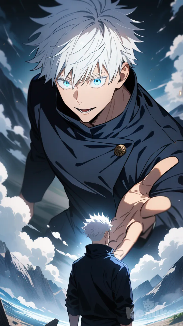 Gojou Satoru, white hair, blue eyes, anime character, male, Jujutsu Kaisen