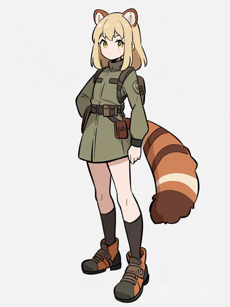 1girl, young girl, 14 years old, dirty blonde hair, medium length hair, red panda ears, red panda tail, manga style, petite, slender, green-yellow eyes, cute, adventurer outfit, green-gray tones, pouch attached to waist, single character, full body, looking at viewer, anime style, simple background, white background