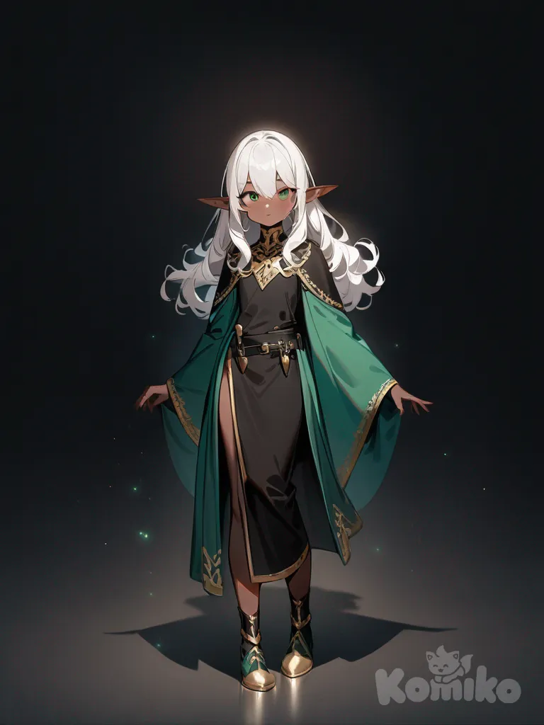 1girl, white hair, cheuveux crepu, elven ears, dark skin, dagger, mischievous expression, tall, emerald green eyes, dark clothing, black shirt, gold accents, around 17 years old, beautiful, slender, single character, full body, looking at viewer, simple background, white background