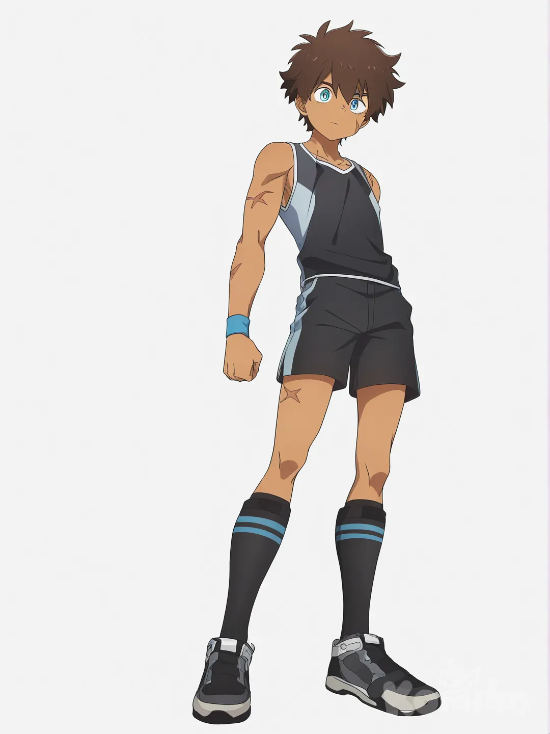 [bright-anime-style] 1boy, teenager, athletic, brown_hair, scar, tanned, single character, full body, looking at viewer, anime style, simple background, white background