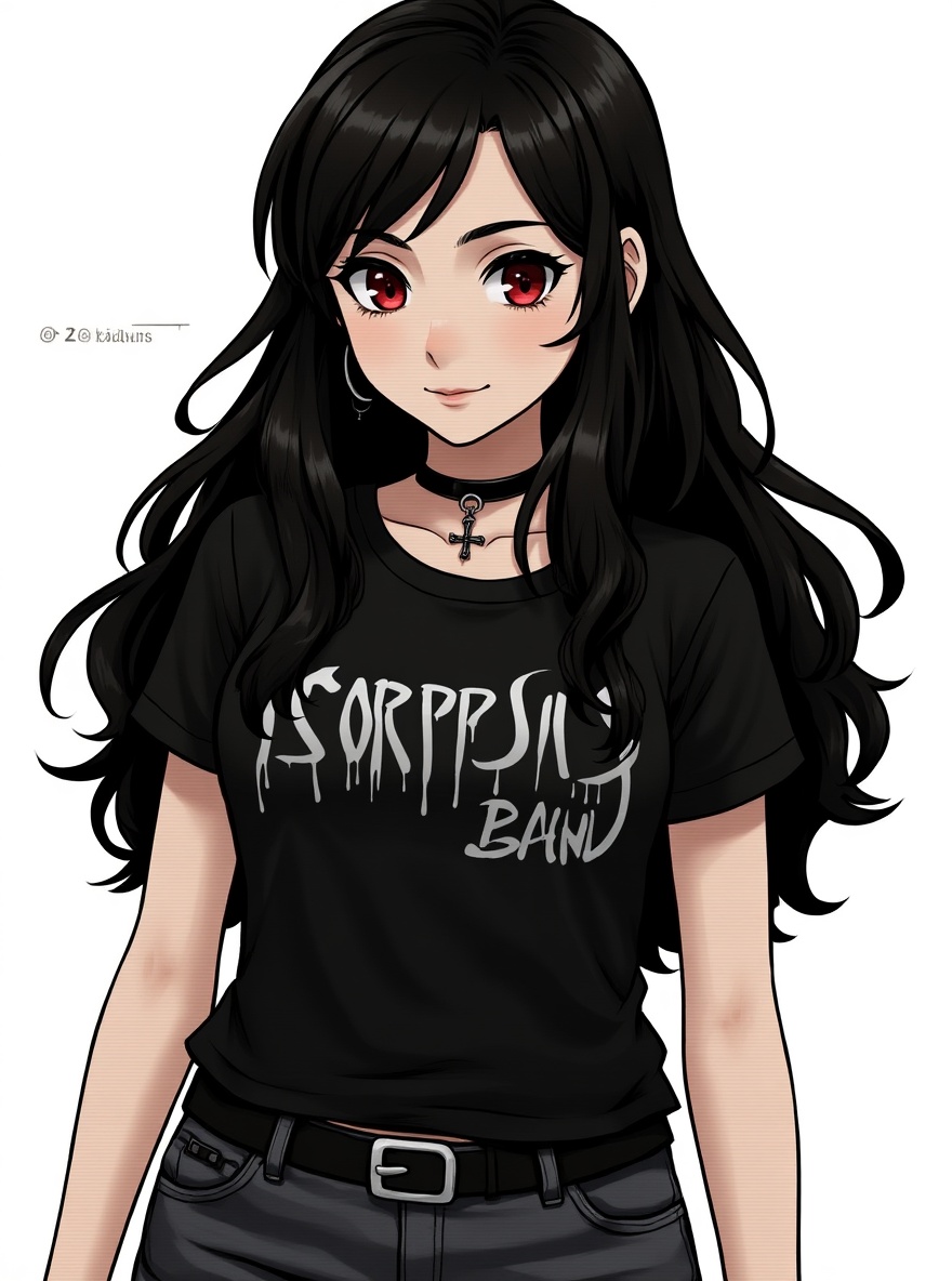1girl, gothic, mature female, curvy, short stature, red eyes, pale skin, scorpions_(band)_t-shirt, short denim shorts, cross necklace, single character, full body, looking at viewer, anime style, simple background, white background