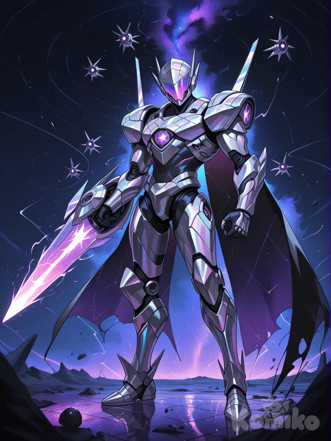 A hyper-photorealistic 16K cinematic render of a towering, elite Promethean-inspired alien warrior from a distant galactic empire, standing 8 feet tall with a sleek, biomechanical exoskeleton fused seamlessly to its slender yet imposing frame—its armor forged from iridescent obsidian-carbon alloy that shimmers with shifting hues of deep violet and electric cyan, etched with glowing geometric runes that pulse in sync with its life force, creating a mesmerizing, otherworldly glow. The helmet is a of alien engineering: a angular, face-hugging design with a narrow, slit-like visor of smoked crystal that emits a piercing amber light, the surface carved with fractal patterns that catch and refract surrounding light, while subtle vents along the jawline release wispy trails of supercooled neon-blue vapor. Beneath the armor, faint glimpses of the warrior’s biology are visible—translucent, sinewy musculature with bioluminescent cyan veins that glow through the exoskeleton’s gaps, and a segmented neck with plates that shift slightly as it moves, revealing iridescent, scale-like skin beneath.
 
The warrior’s right arm is a devastating modular weapon system: a fused plasma lance that extends from its forearm, the barrel forged from polished neutronium with a core of swirling, unstable plasma that glows with blinding white-hot intensity, crackling with arcs of static electricity that jump between the weapon’s prongs. Its left arm features a retractable energy shield generator—when activated, it projects a semi-transparent hexagonal barrier of cyan energy, etched with the same geometric runes as the armor, capable of deflecting high-velocity projectiles and energy blasts. The legs are reinforced with articulated knee guards and calf plates, ending in clawed, three-toed boots with magnetic soles that grip any surface, the toes capped with diamond-hard alien alloy that glints in the light. A flowing, tattered cape of synthetic void silk billows behind it, dyed a deep, starless black with threads of glowing cyan that weave constellation-like patterns, the edges frayed from countless battles and rippling as if caught in an invisible wind.
 
The warrior stands atop the bridge of a derelict alien warship, its hull scarred by plasma blasts and asteroid impacts, with exposed circuitry that sparks and glows with dying energy. Behind it, a massive viewport reveals the vastness of deep space—swirling nebulas of magenta and gold, distant binary stars, and the shattered remains of enemy vessels drifting in the void, their hulls leaking trails of frozen oxygen and debris. The bridge is littered with alien technology: holographic displays projecting tactical data in an unrecognizable script, floating control orbs that pulse with color, and partially destroyed console panels with sparks flying from their wiring. To the warrior’s left, a fallen enemy drone lies in pieces, its metal casing crushed by the warrior’s boot, while to its right, a small, glowing orb of captured enemy energy hovers in a containment field, pulsing with faint red light.
 
The warrior’s posture is regal and intimidating—back straight, shoulders squared, head tilted slightly as if scanning the void for threats, the plasma lance held at its side with a calm, deadly precision. Every detail is rendered with microscopic accuracy: the wear patterns on the armor’s joints from repeated movement, the faint scratches on the plasma lance’s barrel, the way the exoskeleton’s runes cast subtle cyan light onto the surrounding surfaces, the condensation of supercooled vapor on the helmet’s visor, the individual threads of the void silk cape, the bioluminescent veins’ gentle pulse, the crackling plasma’s dynamic arcs, the energy shield’s faint hum and ripple effect, the derelict ship’s rusted metal and exposed wiring, the distant nebulas’ soft, diffused light, and the reflection of the void in the warrior’s visor.
 
Cinematic lighting with high contrast—deep shadows cast by the warrior’s frame, bright highlights on the armor’s polished surfaces and the plasma weapon’s core, cool cyan and violet color palette punctuated by the white-hot plasma and starless black of the cape, shallow depth of field that focuses on the warrior while keeping the space battle background immersive. Hyper-realistic textures: the smooth, cold finish of the exoskeleton, the rough, scarred metal of the derelict ship, the translucent, sinewy biology beneath the armor, the flowing, lightweight void silk, the crackling, unstable plasma. Atmospheric elements: wispy neon-blue vapor trails, floating debris, sparking circuitry, distant starlight, the faint glow of holographic displays. Trending on ArtStation, Unreal Engine 5, Octane Render, ray tracing for reflections on the armor and visor, volumetric lighting for the nebulas and energy effects, dynamic particle effects for the plasma and static electricity, sense of overwhelming power and alien elegance, immersive sci-fi battle ambiance.