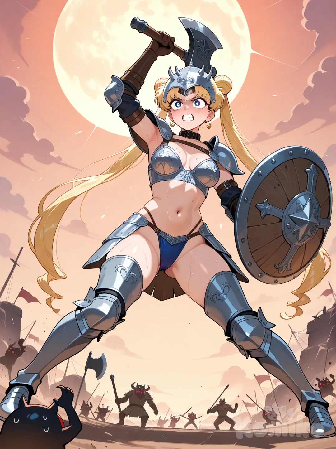 @Tsukino_Usagi, viste con armadura vikinga sexy y provocativa, está sudando, grita, está enojada, en su mano derecha tiene un hacha de una mano la que alza sobre su cabeza, en su mano izquierda tiene un escudo vikingo, está en una batalla, está en frente de una formación de infantería, dispuesta a atacar