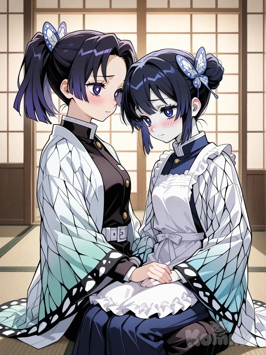 ## 🦋 Aoi Kanzaki

Aoi Kanzaki viste el **uniforme estándar del Cuerpo de Exterminio de Demonios**, compuesto por una chaqueta y pantalón de color oscuro (casi negro), de corte sencillo y ajustado, pensado más para el trabajo que para el combate. Sobre el uniforme suele llevar un **delantal blanco** atado a la cintura, característico de su rol como asistente médica en la Mansión Mariposa. Este delantal refuerza su imagen práctica y disciplinada.

Su apariencia es **juvenil y delicada**, con una complexión delgada y ligera. Tiene la piel clara y un rostro suave, de facciones finas, donde destacan sus **ojos grandes de color azul profundo**, que suelen reflejar seriedad o nerviosismo. Su cabello es **negro azulado**, corto y recogido en una pequeña coleta baja con un lazo discreto, lo que mantiene un aspecto ordenado y funcional, muy acorde a su personalidad responsable.

---

## 🦋 Shinobu Kocho

Shinobu Kocho porta el **uniforme del Cuerpo de Exterminio** en color oscuro, pero lo complementa con una prenda distintiva: un **haori blanco degradado a tonos rosados y verdes en los bordes**, decorado con patrones que recuerdan a las alas de una mariposa. Este haori es amplio, ligero y fluido, lo que le da un aspecto elegante y casi etéreo cuando se mueve.

Su apariencia física es **esbelta y pequeña**, con una figura delicada que contrasta con su gran habilidad como Pilar. Tiene la piel clara y un rostro fino, con una expresión suave y una sonrisa calmada casi permanente. Sus **ojos grandes de color violeta** transmiten serenidad, aunque también esconden intensidad. Su cabello es **negro con puntas moradas**, recogido en un moño alto, adornado con un **broche en forma de mariposa**, uno de los rasgos más icónicos de su diseño.

, @Kochou_Shinobu, @aoi-kanzaki-ibPm 
Dame una imagen de ellas dos en una habitacion japonesa, ligersmente sonrojadas, 2people, sitting on lap, blush, holding hands