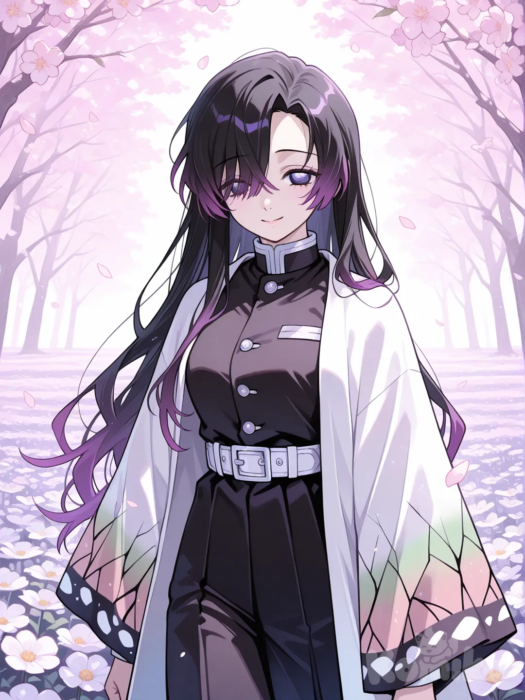 Kanae Kocho, de *Demon Slayer* Físicamente, posee un cuerpo esbelto y ligero, con una complexión fina y elegante. No es robusta ni musculosa; su figura es más bien suave y proporcionada, lo que refuerza su imagen gentil. Su postura suele verse relajada y natural, dando una sensación de paz y amabilidad.

Su rostro es armonioso y dulce, con facciones suaves. Sus ojos son grandes y expresivos, de un tono violeta claro, siempre acompañados por una mirada tranquila y una sonrisa cálida que la caracteriza. Su cabello es largo y oscuro, con reflejos violáceos, y lo lleva suelto, cayendo de forma natural alrededor de su rostro.

En cuanto a su vestimenta, Kanae usa el uniforme estándar de los cazadores de demonios, pero cubierto por un haori blanco decorado con un delicado patrón floral en tonos pastel, que evoca pétalos de flores. Este haori refuerza su conexión con la naturaleza y su personalidad pacífica, dándole un aire etéreo y elegante.

En conjunto, Kanae Kocho proyecta una imagen femenina, elegante y tranquilizadora, como si fuera una flor suave y luminosa en medio del campo de batalla.

Dame una foto de ella con estas caracteristicas