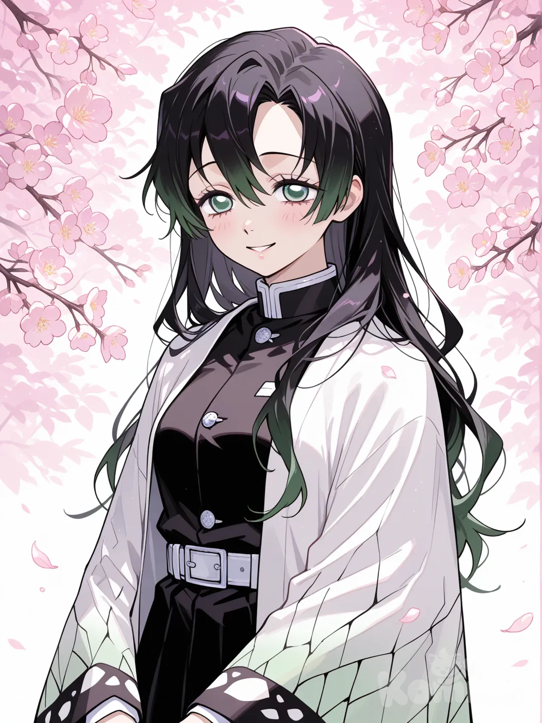 Kanae Kocho, de *Demon Slayer*, tiene una apariencia delicada y serena que transmite calma desde el primer vistazo.

Físicamente, posee un cuerpo esbelto y ligero, con una complexión fina y elegante. No es robusta ni musculosa; su figura es más bien suave y proporcionada, lo que refuerza su imagen gentil. Su postura suele verse relajada y natural, dando una sensación de paz y amabilidad.

Su rostro es armonioso y dulce, con facciones suaves. Sus ojos son grandes y expresivos, de un tono verde claro, siempre acompañados por una mirada tranquila y una sonrisa cálida que la caracteriza. Su cabello es largo y oscuro, y lo lleva suelto, cayendo de forma natural alrededor de su rostro.

En cuanto a su vestimenta, Kanae usa el uniforme estándar de los cazadores de demonios, pero cubierto por un haori blanco decorado con un delicado patrón floral en tonos pastel, que evoca pétalos de flores. Este haori refuerza su conexión con la naturaleza y su personalidad pacífica, dándole un aire etéreo y elegante.

En conjunto, Kanae Kocho proyecta una imagen femenina, elegante y tranquilizadora, como si fuera una flor suave y luminosa en medio del campo de batalla.