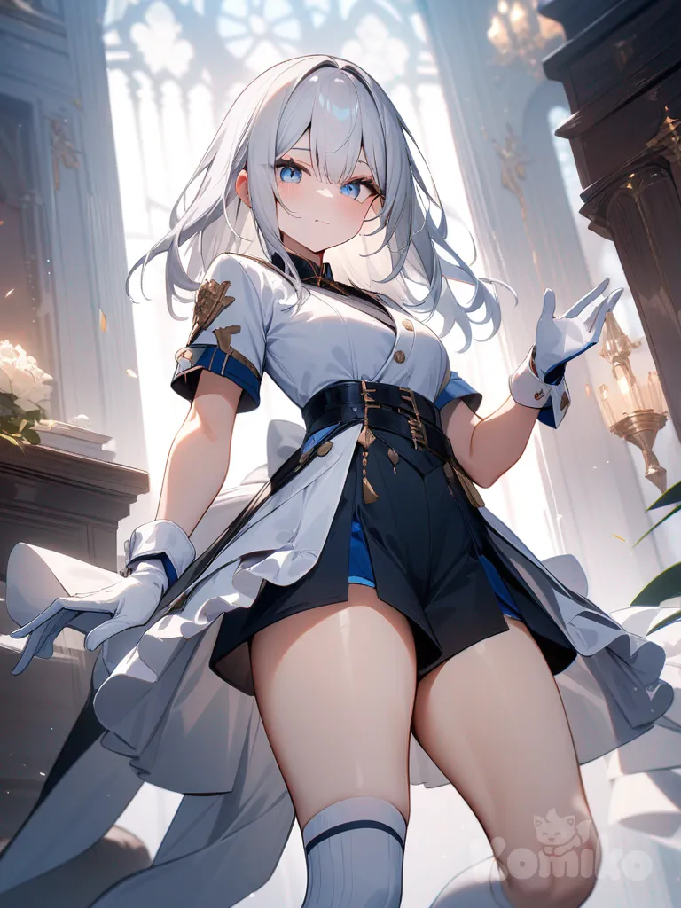 흰 색의 긴 머리, 파란 눈, 여성, 흰 색의 긴 장갑, 흰색의 니삭스