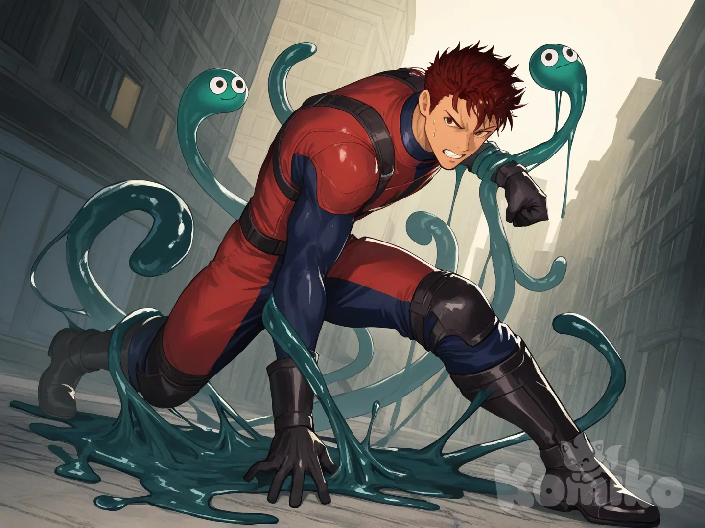 1boy, 1boy, 2people, fighting, superhero vs villain, superhero vs monster, partner superhero, human vs monster, main street, city, rainy, 

Characters :
First character : Derek Kingsfield, jock studio, has a short dark red hair, brown eyes, tan skin, black gloves, he's wearing three tone red with black and white strap tight suit, superhero suit, adult, [serious-man-style], full body, central city background, wet, superhero, next to each other, leader, company, captured,

Second character : Ike, fire emblem, has a dark blue hair, blue eyes, light skin, black gloves, he's wearing three tone blue with black and white strap tight suit, superhero suit, adult, [serious-man-style], full body, central city background, wet, superhero, next to each other, subordinate, company, captured

Other character : monster, villain, green slime, liquid gell, ball eyes, tentacles, gooey, catch