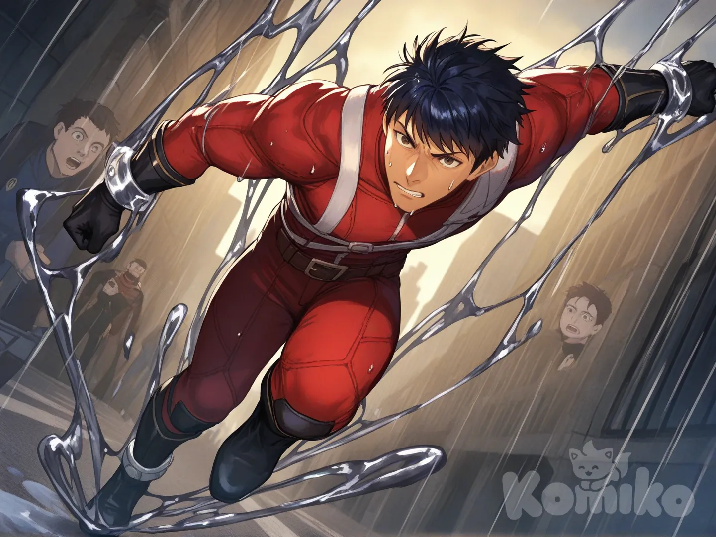 1boy, 1boy, 1boy, 3people, fighting, superhero vs villain, superhero vs monster, partner superhero, human vs monster, confront villian, main street, city, rainy, full body,

Characters :
First character : Derek Kingsfield, jock studio, has a short dark red hair, brown eyes, tan skin, black gloves, he's wearing three tone red with black and white strap tight suit, superhero suit, adult, [serious-man-style], full body, central city background, wet, superhero, next to each other, leader, wrist and ankle tied up, company, captured, looking at viewer,

Second character : Ike, fire emblem, has a dark blue hair, blue eyes, light skin, black gloves, he's wearing three tone blue with black and white strap tight suit, superhero suit, adult, [serious-man-style], full body, central city background, wet, superhero, next to each other, wrist and ankle tied up, subordinate, company, captured, looking at viewer,

Other character : monster, villain, green slime, liquid gell, ball eyes, tentacles, gooey, catch, transparent