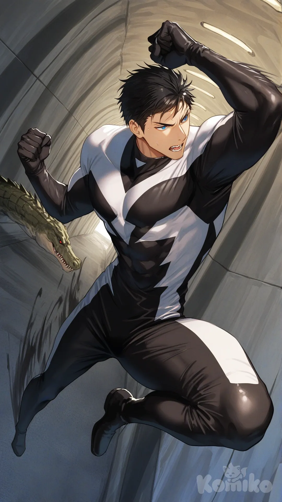 1boy, 1boy, 2people, fighting, superhero vs villain, superhero vs monster, human vs monster, in city tunnel,

Characters :
First person : Yamazaki Sousuke, free! anime, has a short black hair, blue eyes, light skin, black gloves, he's wearing two tone black with white strap tight suit, superhero suit, adult, [serious-man-style], full body, tunnel background, wet, superhero, clenched fist, defensive stance, confront,

Second person : villain, crocodile monster, massive size, sharp teeth, sharp claw, sewer monster, catch, dangerous, red eyes