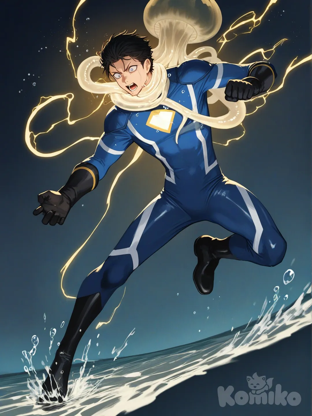 1boy, 1boy, 2people, fighting, superhero vs villain, superhero vs monster, human vs monster, confront, drowning, under the sea, deep sea water, dark, depth of field

Characters :
First person : Avan Gieserford, jock studio, slim-fit body, cyan eyes and black hair, light skin, black gloves, he's wearing three tone blue with white and yellow strap tight suit , superhero suit, adult, [serious-man-style], full body, underwater background, wet, superhero, shock, catch, chock, stung,

Second person : monster, villain, sticky, flexible, jellyfish, tentacles, angry, glow-in-the-dark, dangerous, aggressive, electricity