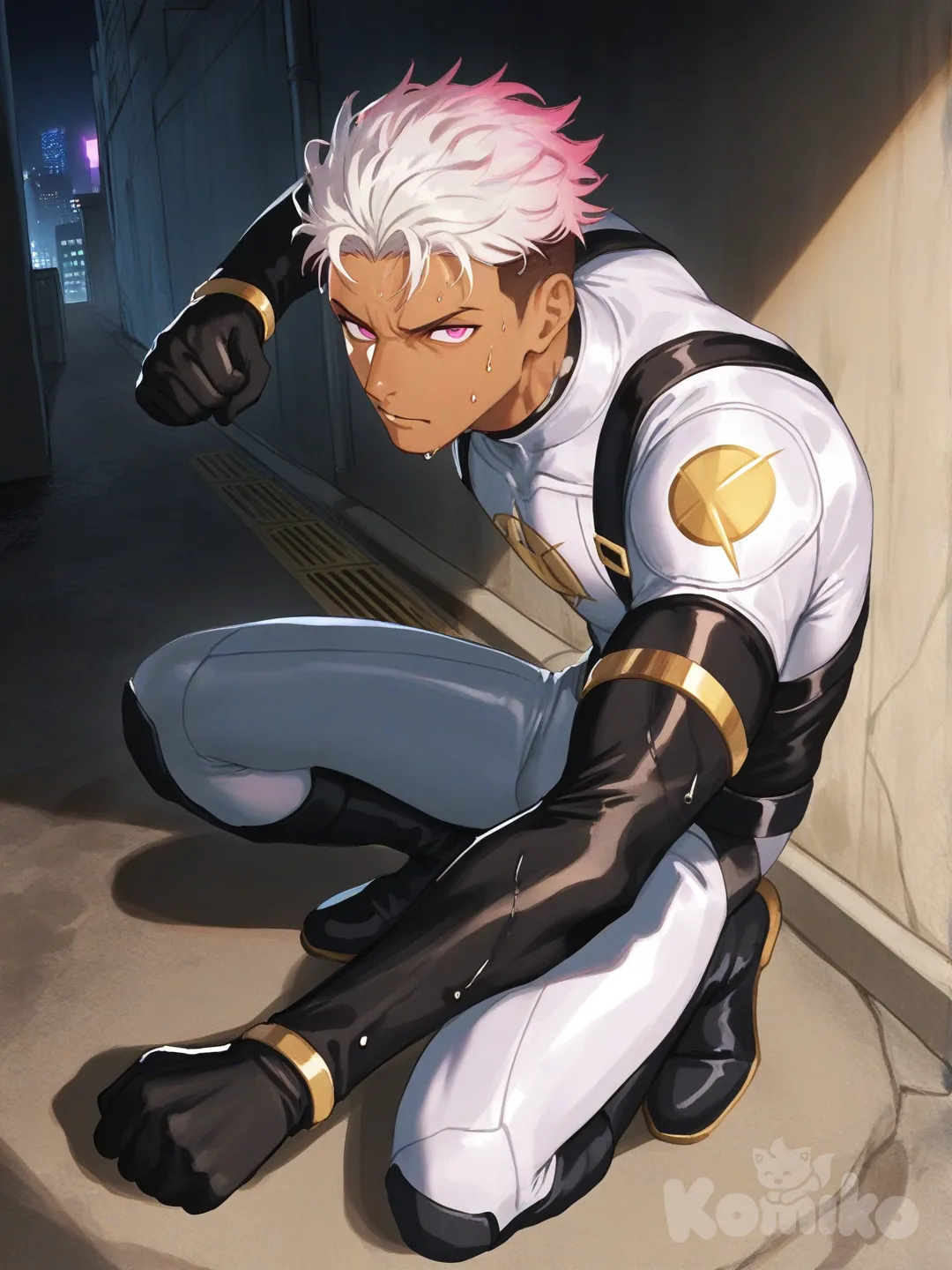 1boy, fighting, superhero, in city sewer

Characters :
First person : Yuuto Nakajima, Jock Studio, has a white & pink gradient spiky hair with dark brown undercut, pink eyes, tan skin, black gloves, he's wearing three tone white with black and gold strap tight suit, superhero suit, adult, [serious-man-style], full body, sewer background, wet, superhero, clenched fist, stance, distance, looking at viewer