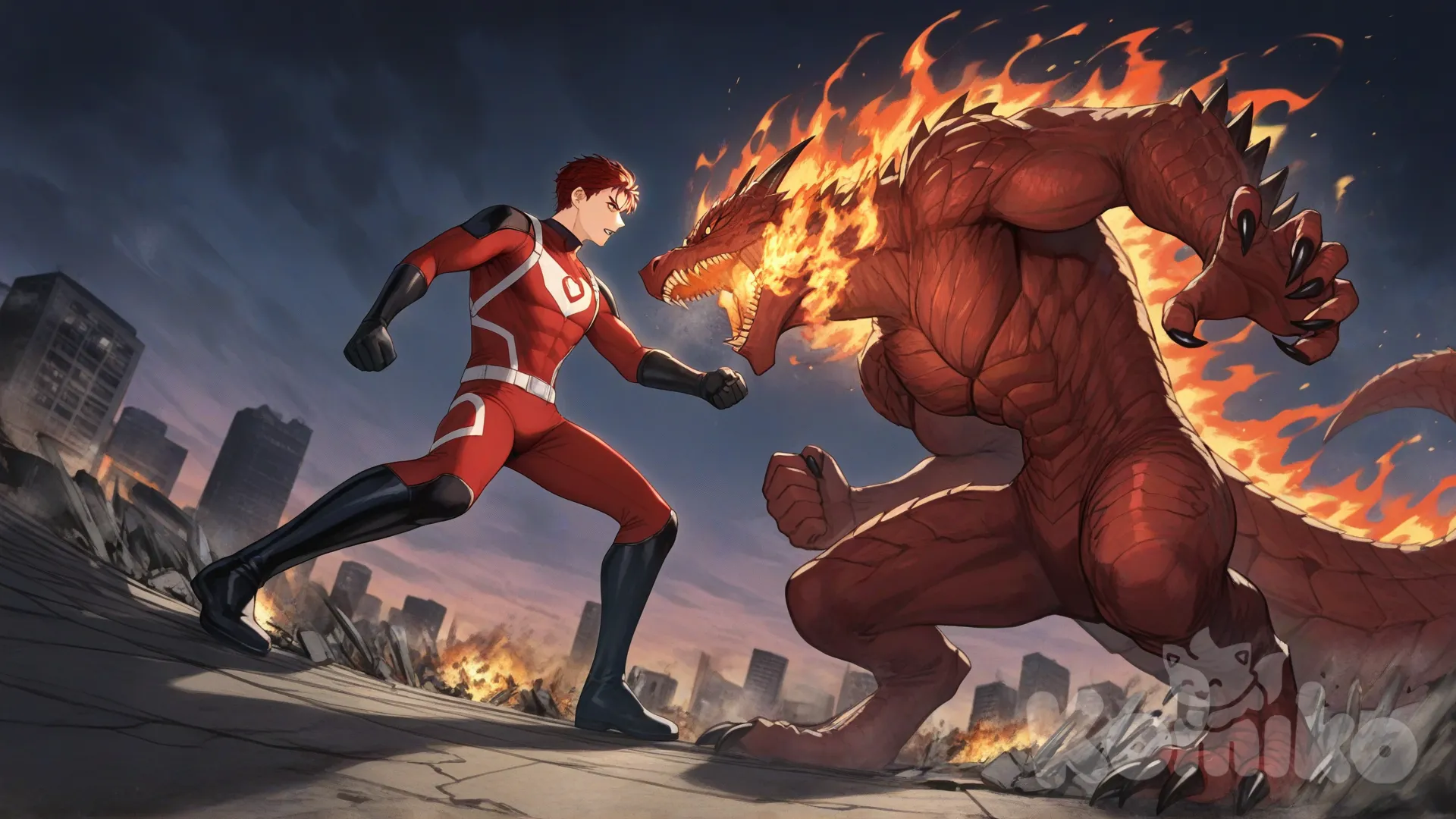 2people, superhero vs villain, superhero vs monster, rampage, city, rooftop, burning building, confront, from below, 

Characters:
First character: Superhero, Derek Kingsfield, Jock Studio, giant body, short dark red hair, brown eyes, warm peach skin tone, black gloves, he's wearing three tone red with black and white strap tight suit, superhero suit, [serious-man-style], full body, defense stance,

Second character: Villain, giant monster, red eyes, stan on two legs, fangs, sharp teeth, dragon scale, sharp claw, finned, big tail, full body, nuclear breath, rampage