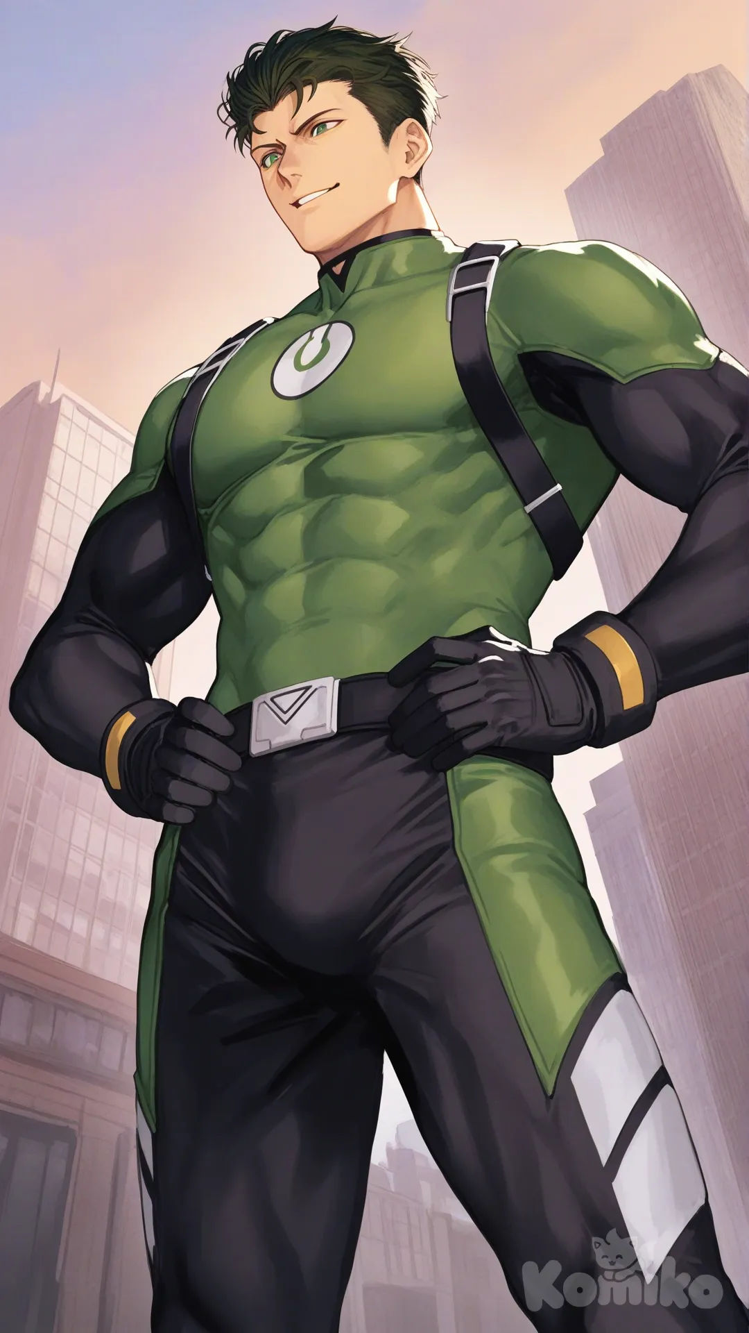 1boy, solo, from below, city, main street,

Characters:
First character: Superhero, Matt Carter, Jock Studio, giant body, quiff olive hair color, green eyes, olive skin tone, black gloves, he's wearing three tone green with black and white strap tight suit, superhero suit, [serious-man-style], full body, standing, hands on hips, thin smile