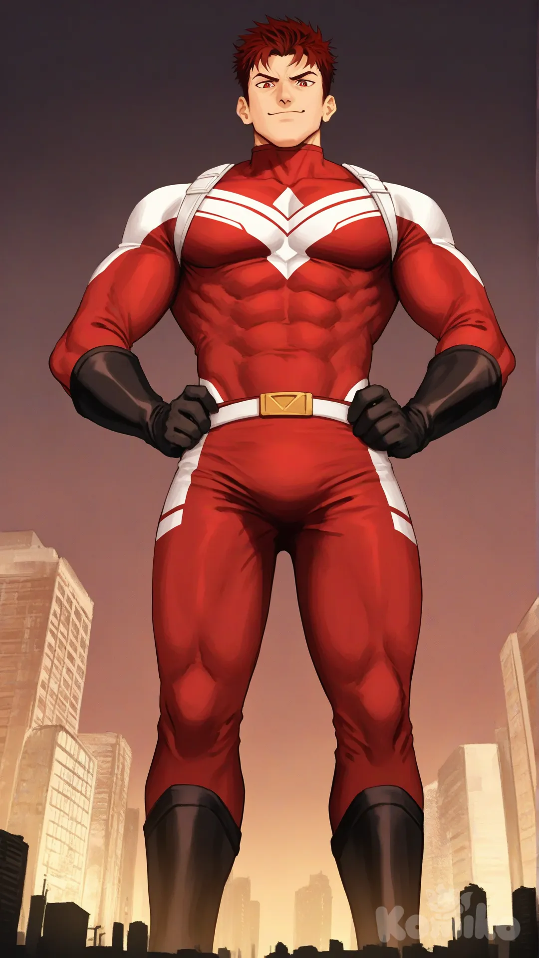 1boy, solo, from below, city, main street,

Characters:
First character: Superhero, Derek Kingsfield, Jock Studio, giant body, muscular body, red eyes, short dark red hair, warm peach skin tone, black gloves, he's wearing three tone red with black and white strap tight suit, superhero suit, [serious-man-style], full body, standing, hands on hips, thin smile