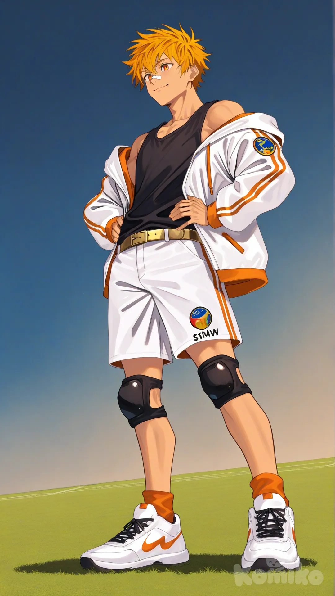 1boy, solo, from below, soccer field,

Characters:
First person: Leo Mendez, Jock Studio, fibrant yellow hair color, large orange eyes, medium skin tone, slim body, white plesters accros nose, wears a black singlet with a golden sun logo, wears yellow and white jacket draped over his body in a loose manner, showing his shoulders, wears white shorts, golden belt, wears black knee protecters, orange socks and white sneakers, [serious-man-style], standing, hands on the hips, full body, smile