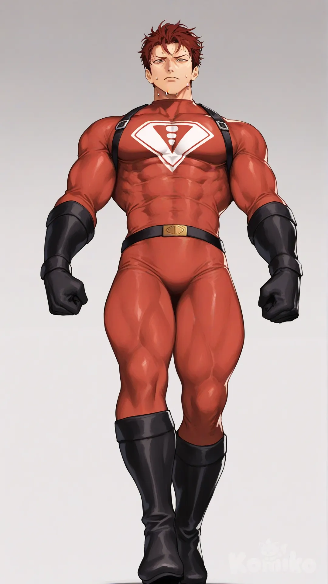 1boy, solo, from below, white background,

Characters:
First character: Superhero, Derek Kingsfield, Jock Studio, giant body, muscular body, brown eyes, short dark red hair, warm peach skin tone, black gloves, he's tryna put on three tone red with black and white strap tight suit, superhero suit, [serious-man-style], full body, standing, in a hurry, sweat
