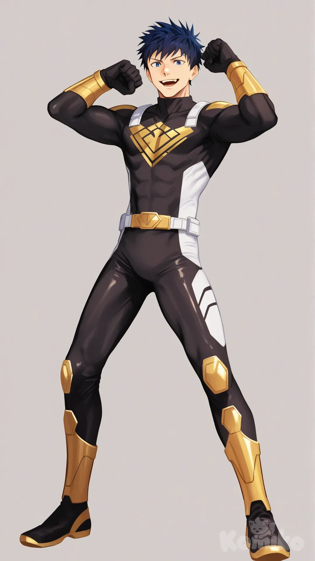 1boy, solo, white background, front profile photo,

Characters:
First character: Superhero, Ace Anderson, Jock Studio, slim-fit body, dark blue hair textured crop, dark blue eyes, medium skin tone, black gloves, he's wearing three tone black with white and gold strap tight suit, superhero suit, [serious-man-style], full body, standing, smile, open mouth, looking at viewer, usain bolt pose