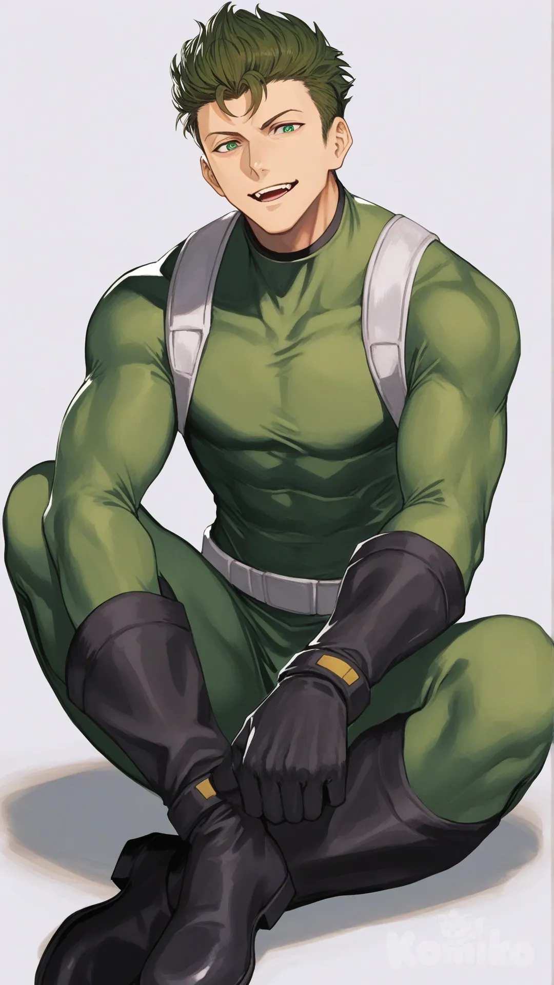 1boy, solo, front profile photo, white background,

Characters:
First character: Superhero, Matt Carter, Jock Studio, athletic body, low taper quiff cut olive hair color, green eyes, medium skin tone, black gloves, he's wearing three tone green with black and white strap tight suit, superhero suit, [serious-man-style], full body, looking at viewer, smile, open mouth, sitting on the ground