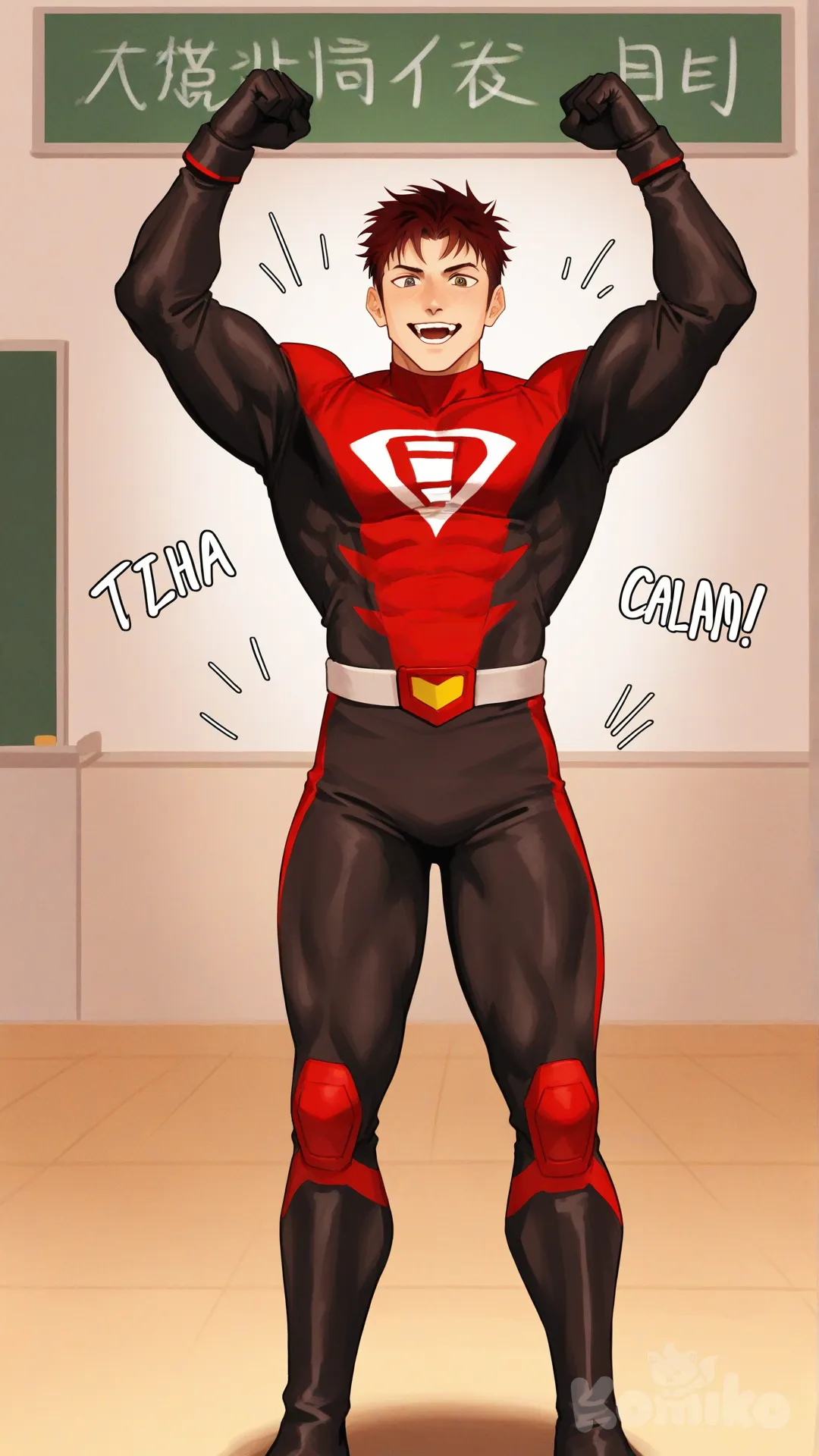 1boy, solo, front profile photo, kindergarten, class, surrounded by kids, cheered by kids, sound effects,

Characters:
First character: Superhero, Derek Kingsfield, Jock Studio, muscular body, brown eyes, short dark red hair, warm peach skin tone, black gloves, he's wearing three tone red with black and white strap tight suit, superhero suit, [serious-man-style], full body, smile, open mouth, standing, looking away, looking at kids, trying to calm down kids