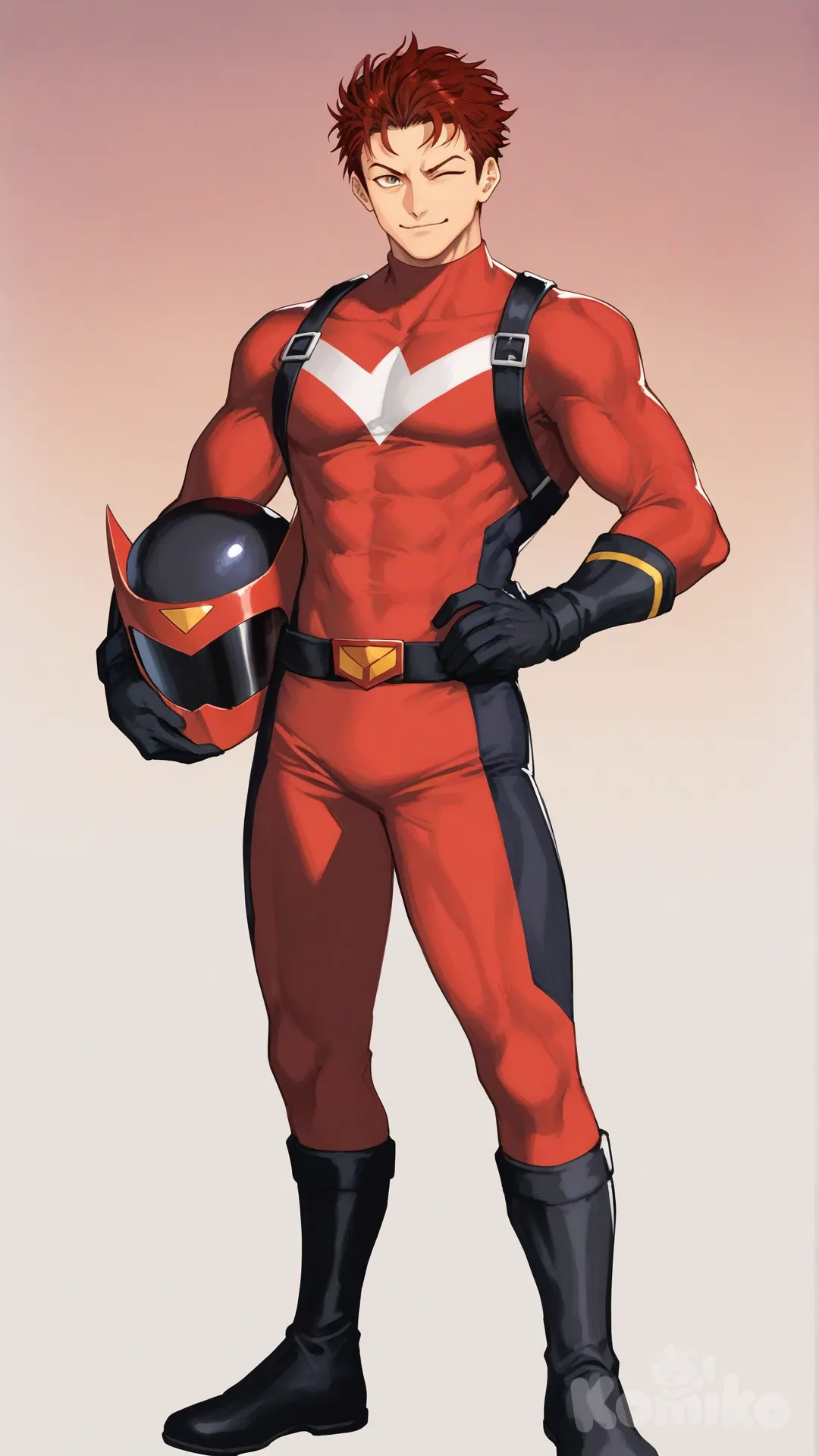 1boy, solo, white background, front profile photo, looking at viewer, unworn helmet

Characters:
First character: Superhero, Derek Kingsfield, Jock Studio, muscular body, brown eyes, short dark red hair, warm peach skin tone, black gloves, he's wearing three tone red with black and white strap tight suit, superhero suit, [serious-man-style], full body, standing, thin smile, hands on own hips, one eye closed